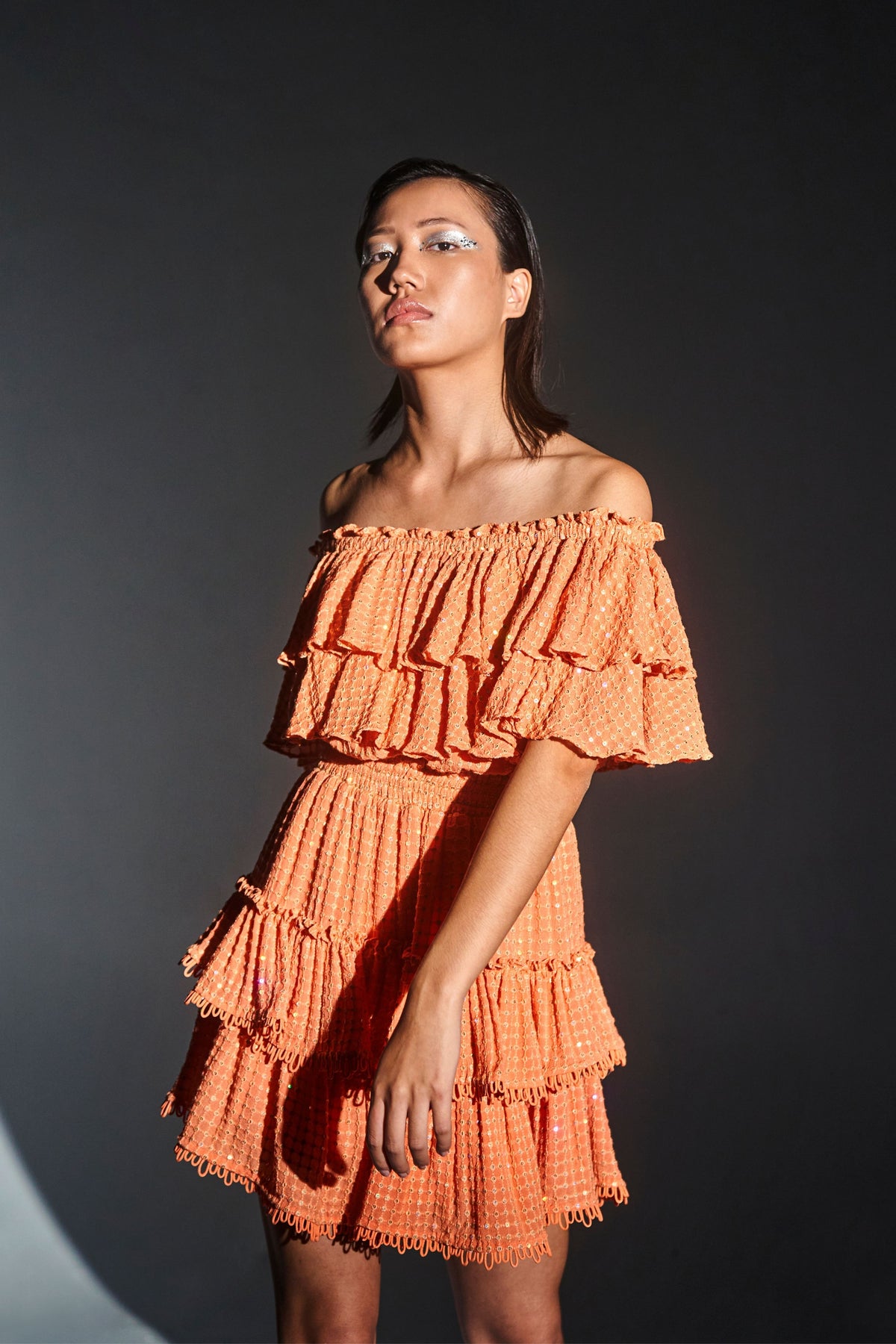 Orange Off-shoulder Sequin Ruffle Dress