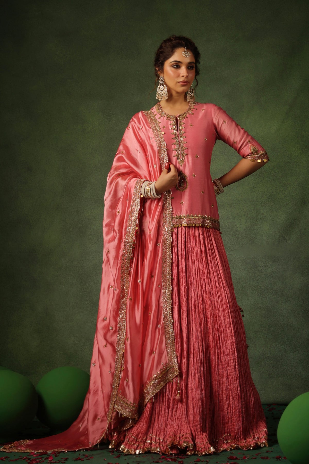 Peach Short Kurta Lehenga Set