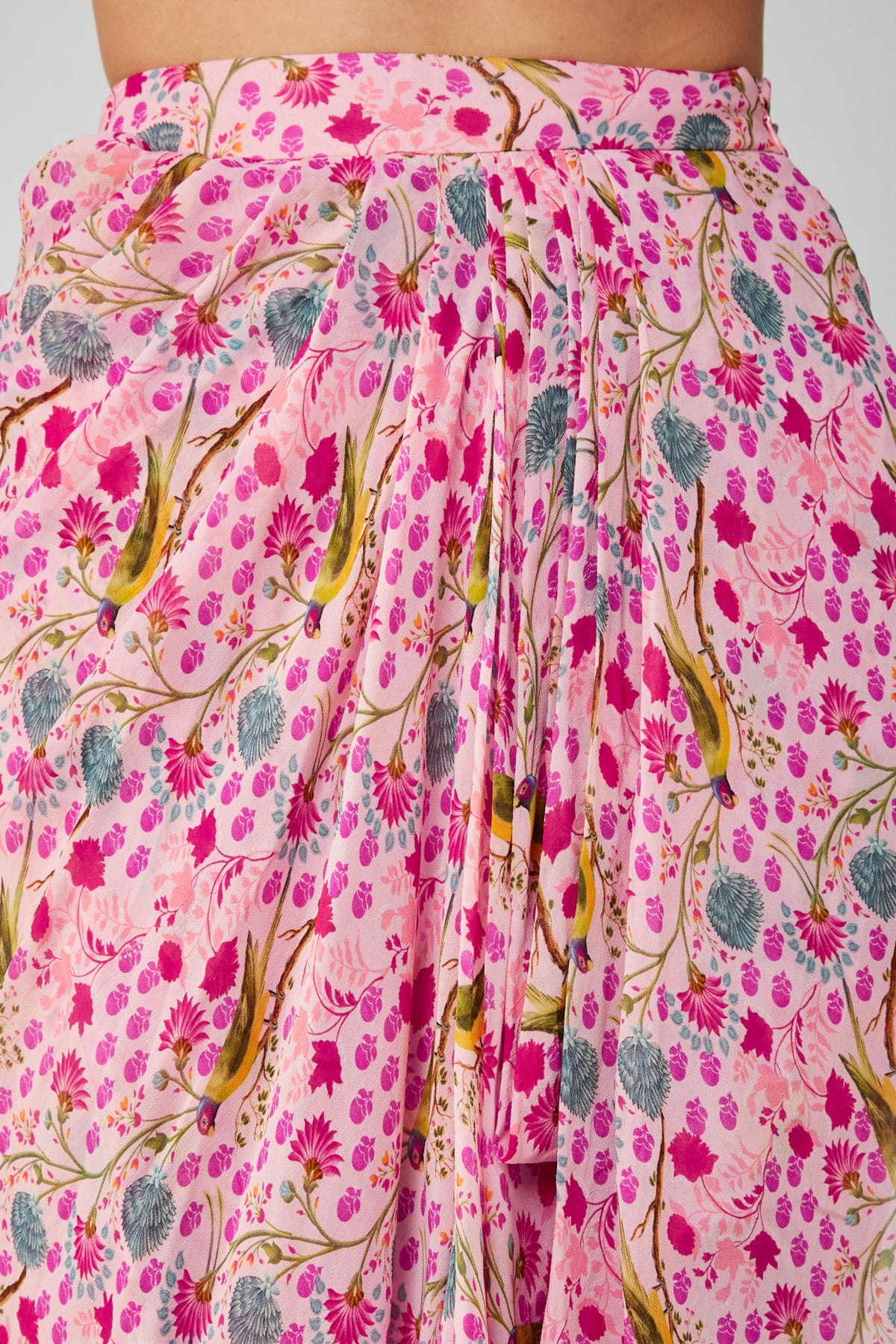 Pink Parrot Print Drape Skirt