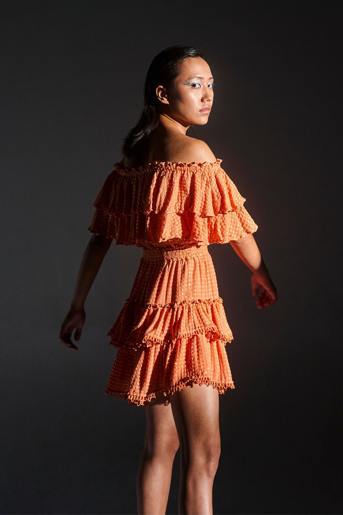 Orange Off-shoulder Sequin Ruffle Dress