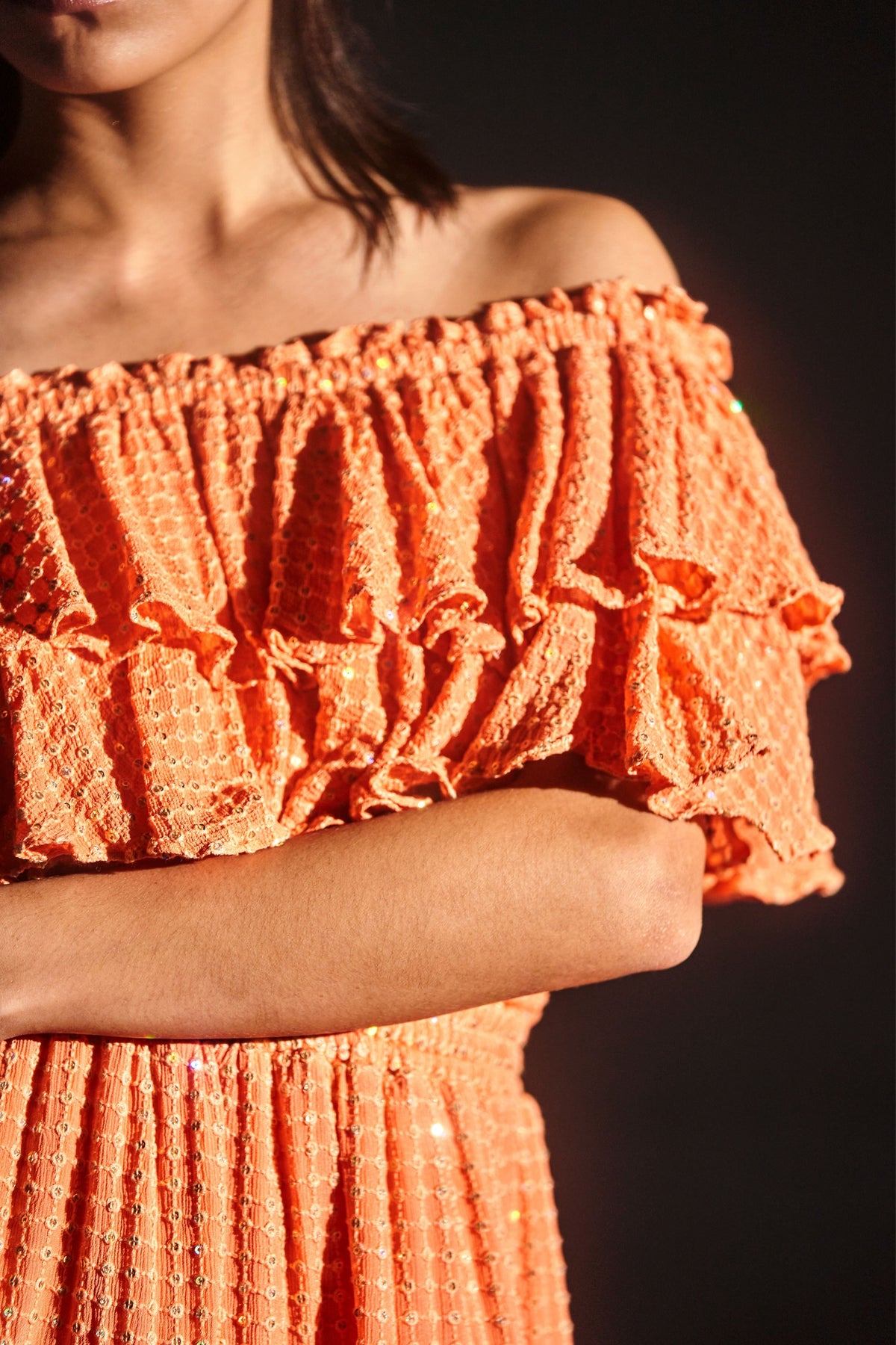 Orange Off-shoulder Sequin Ruffle Dress