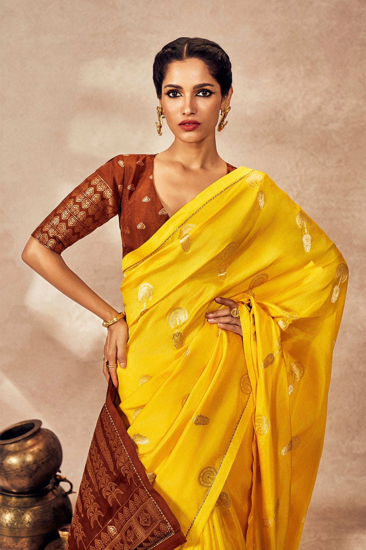 Brown and Yellow Jacquard Saree