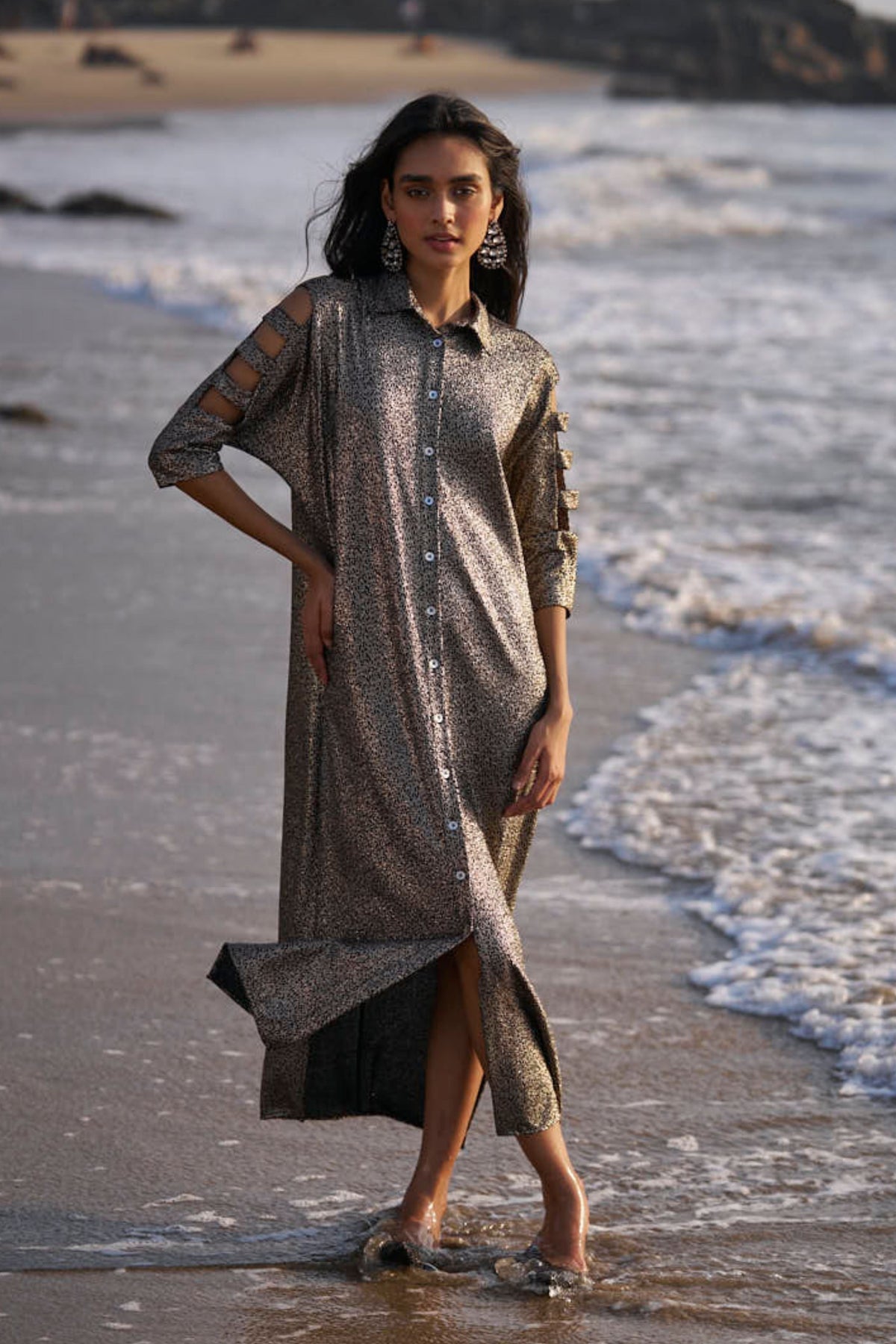 Shimmering Cutout Sleeve Shirt Dress