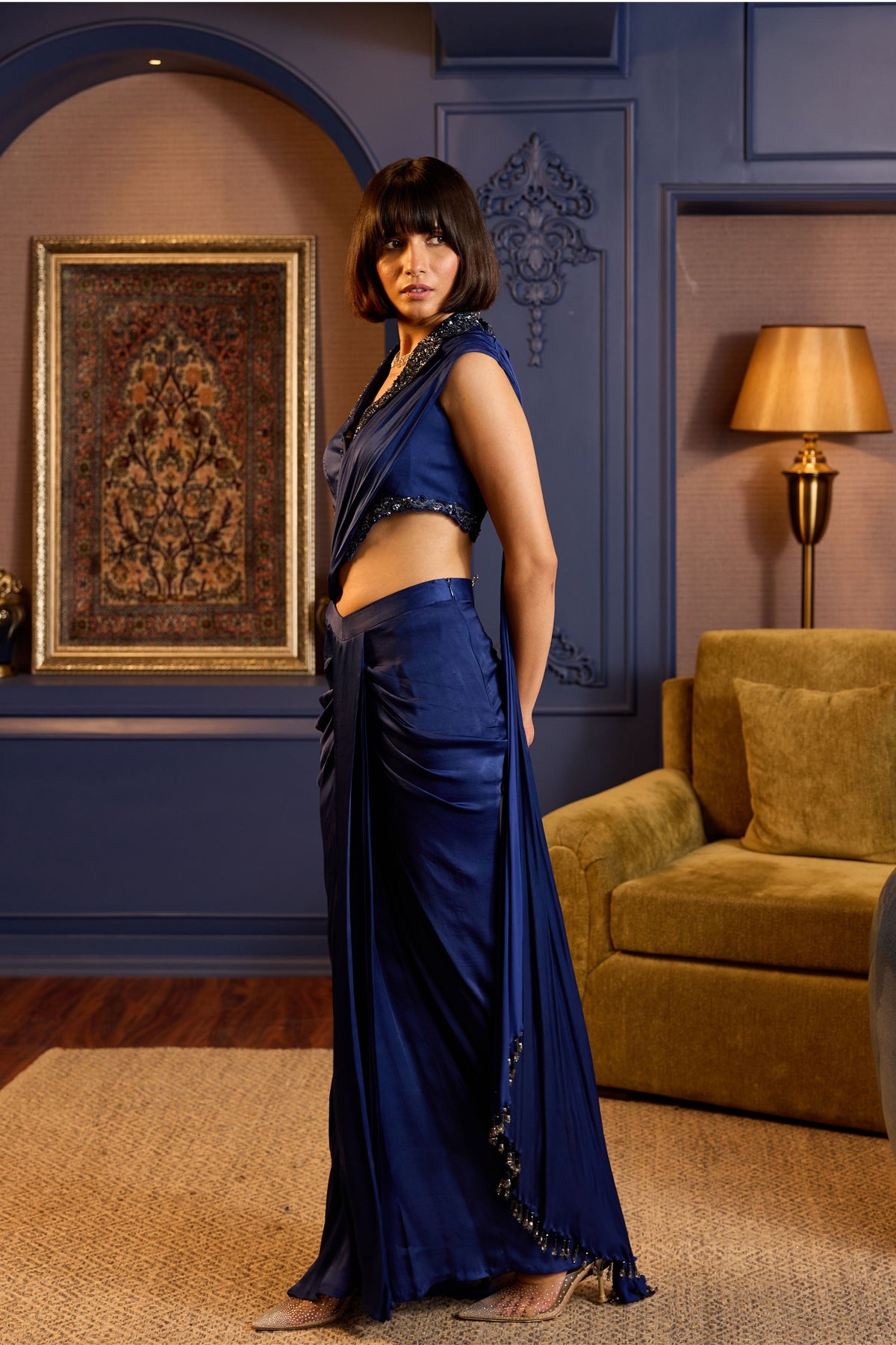 Blue Ruched Back Satin Saree