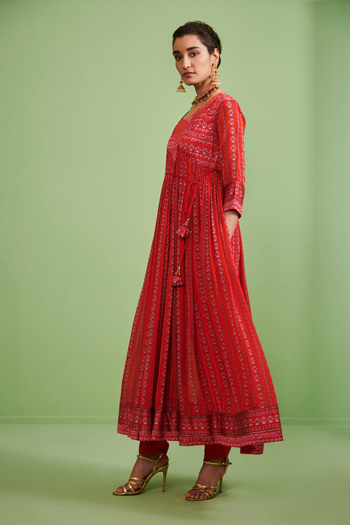 Red printed angrakha set