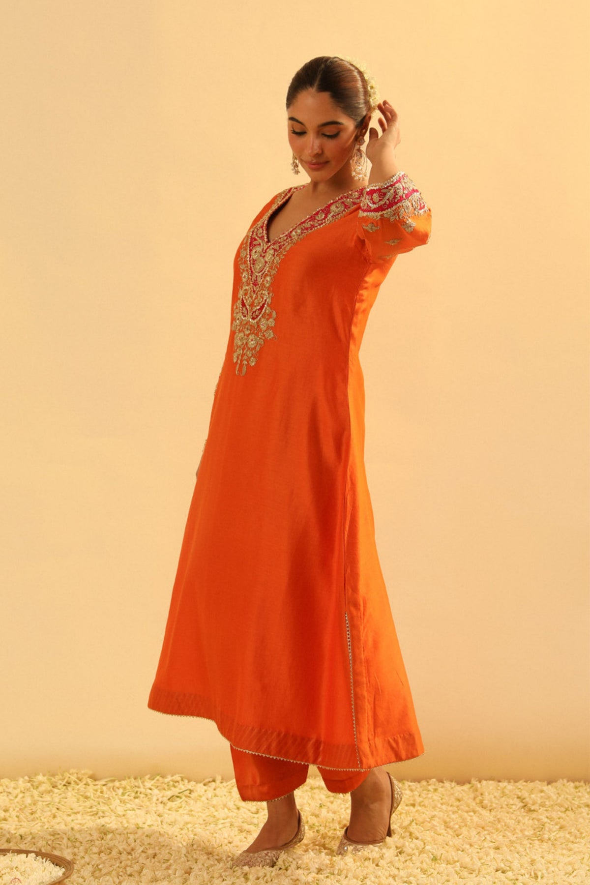 Alima Orange Long A-line Chauga With Salwar