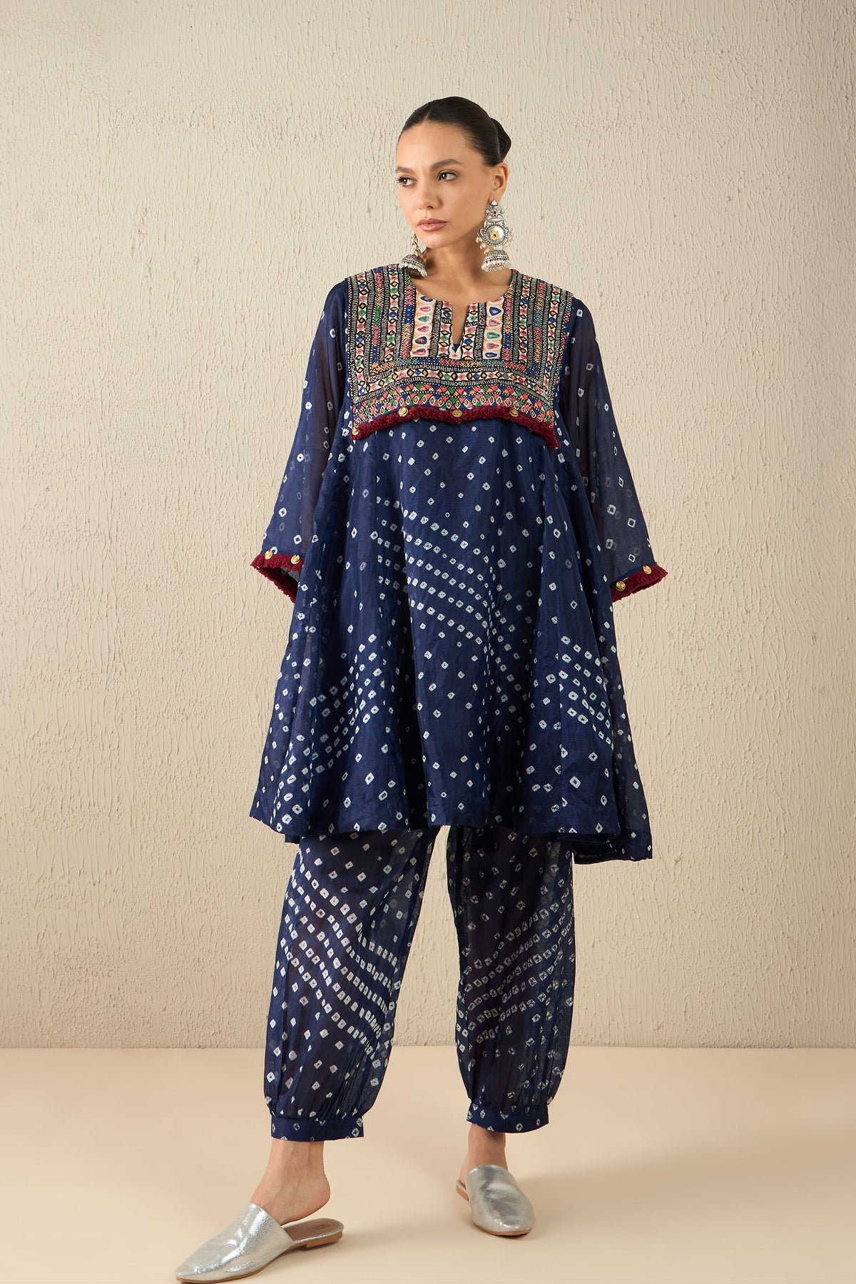 Navy Blue Bandhani Tunic Set