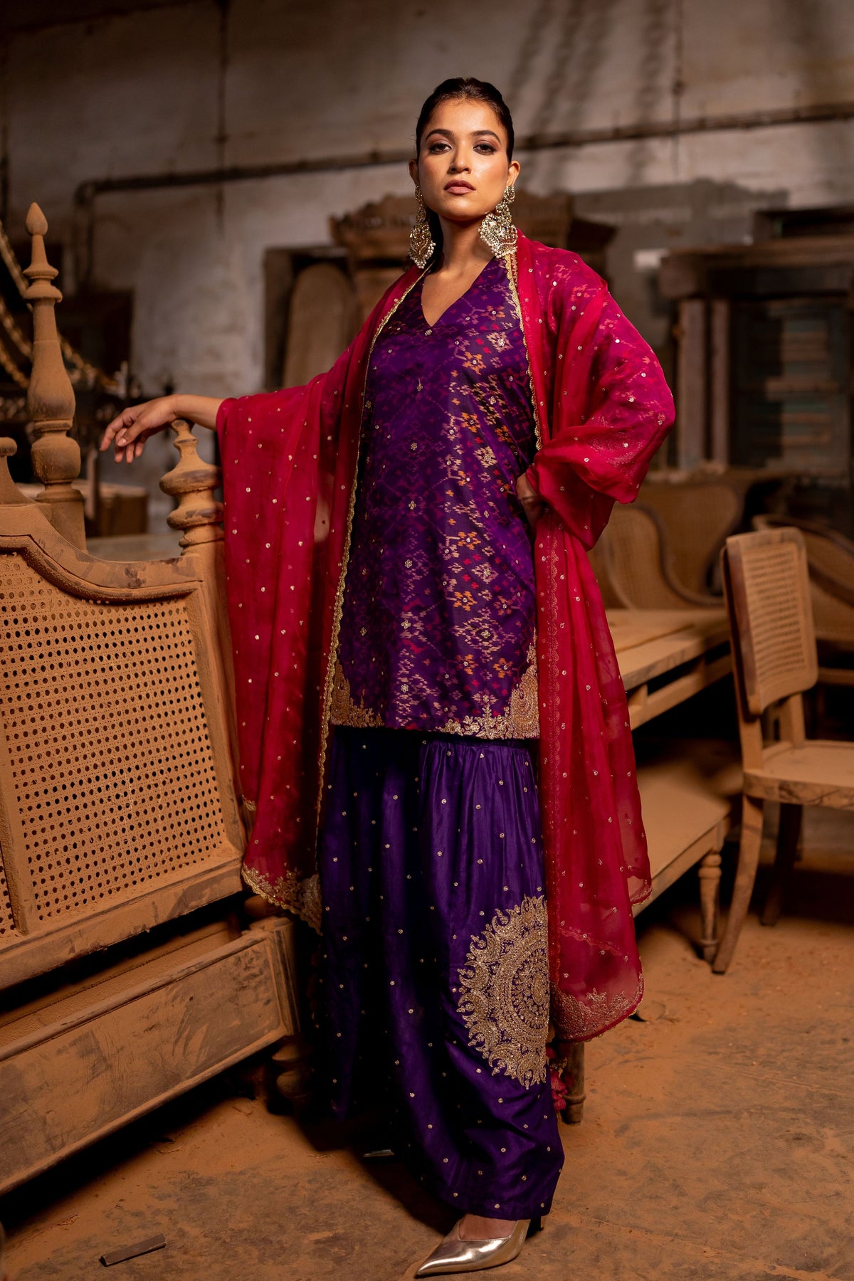 Purple Short Kurta With Sharara