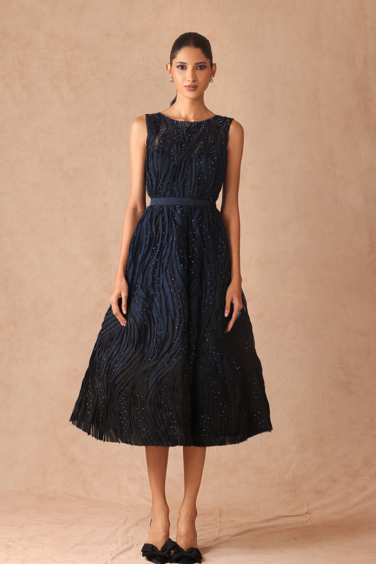 Midnight Blue Texture Midi With Belt