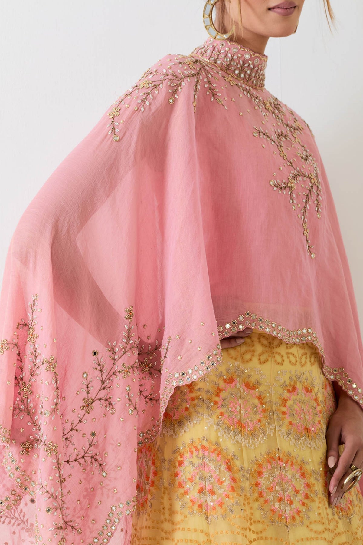 Chanderi Pink Yellow Cape Set