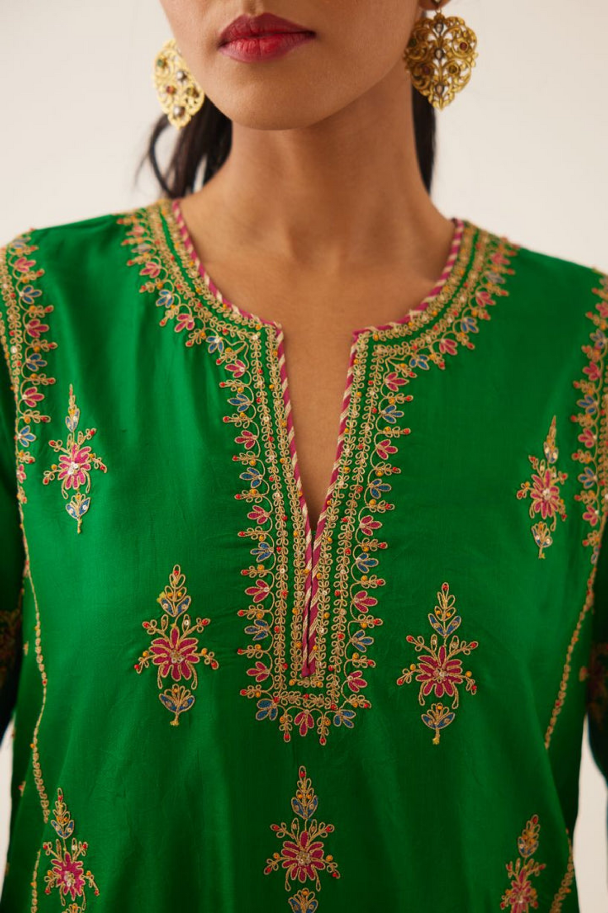 Green Silk Kalidar Straight Kurta Set