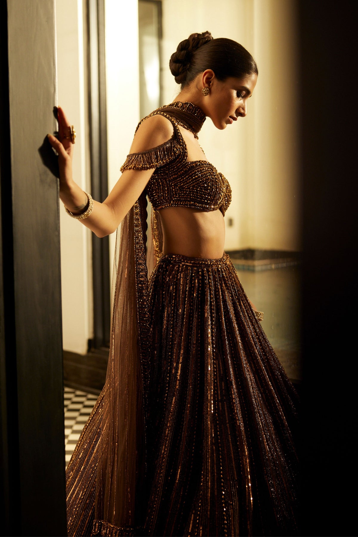 Copper Crystal Embroidered Lehenga Set