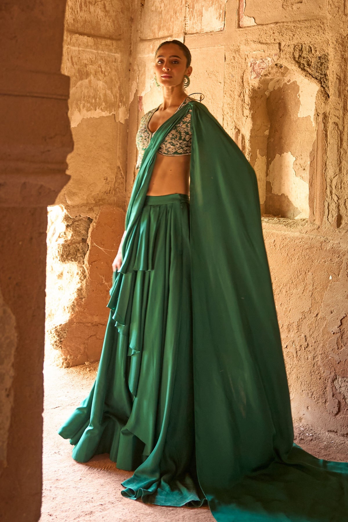 Emerald Green Draped Saree Set