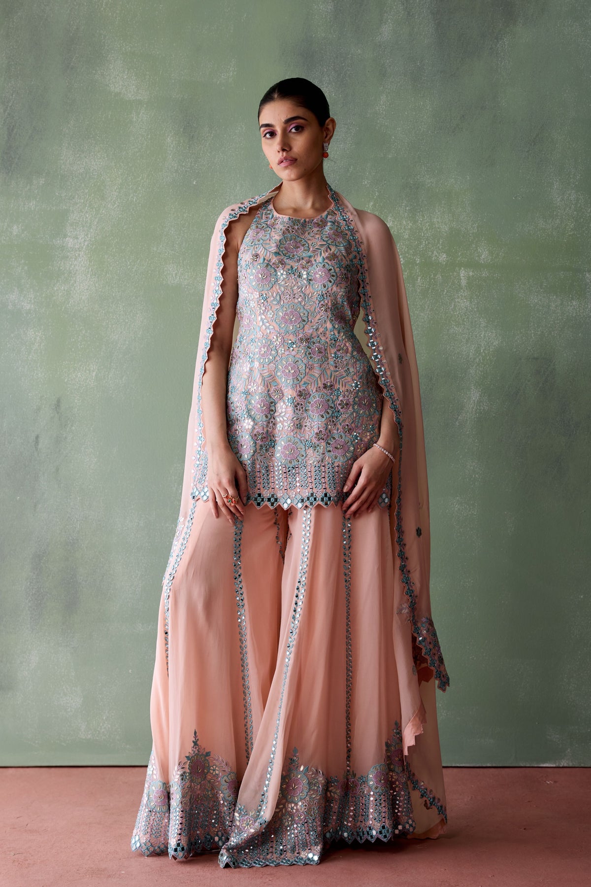 Peach Organza Kurta Sharara Set