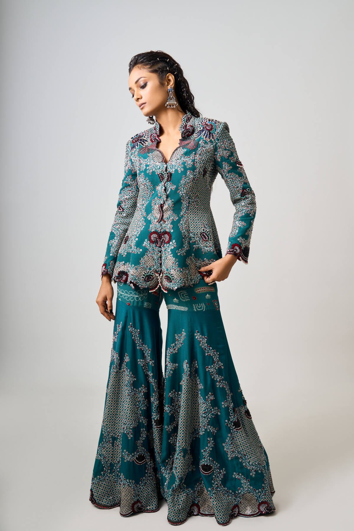 Teal Embroidered Jacket With Sharara