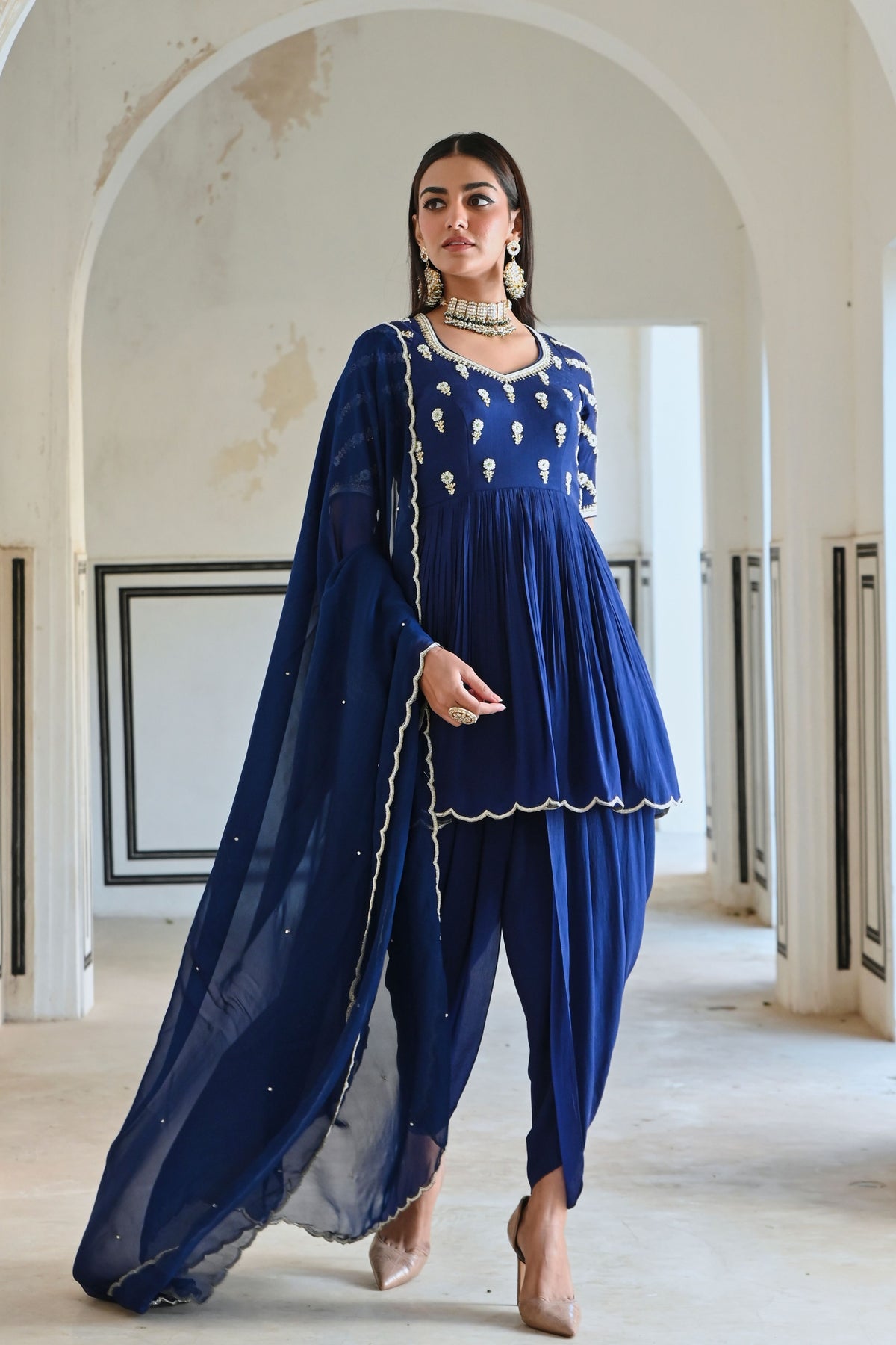 Royal Blue Embroidered Peplum Set