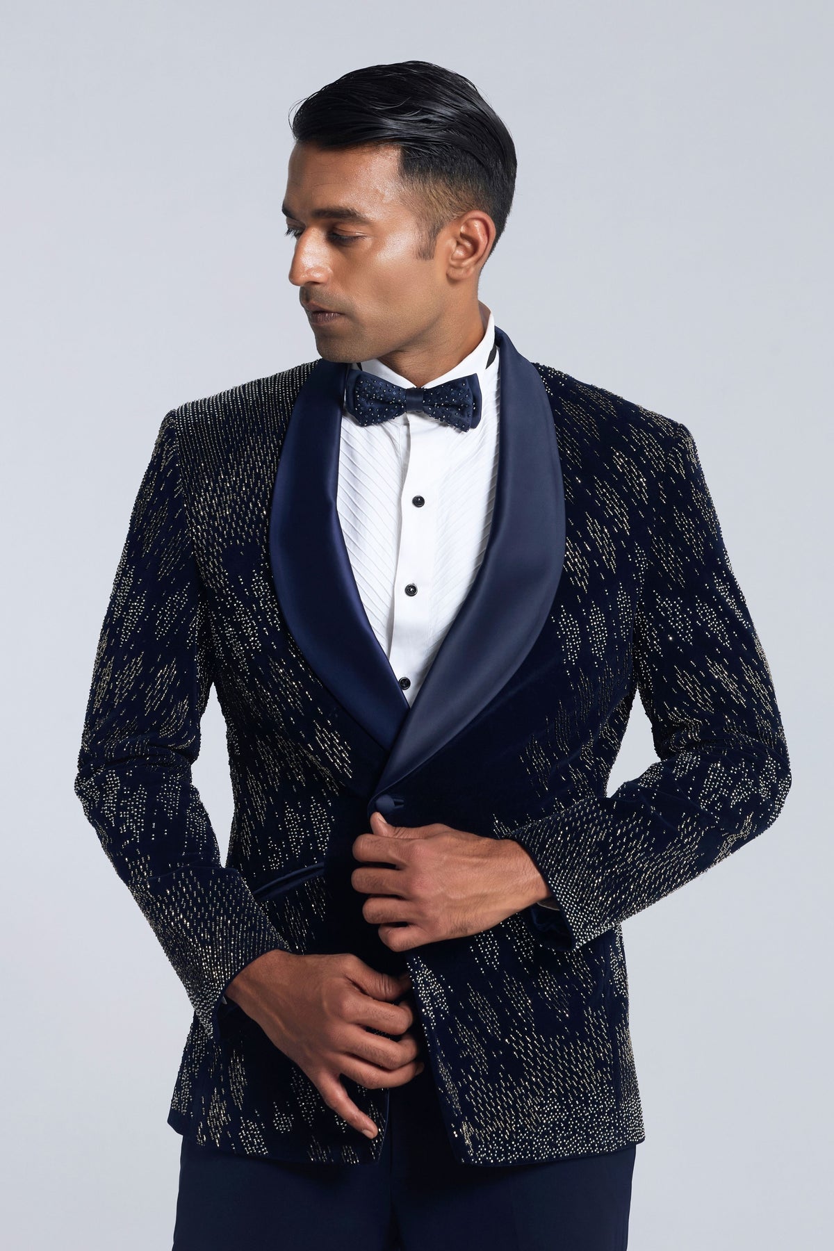 Navy Blue Velvet Pearl Embroidered Tuxedo Set