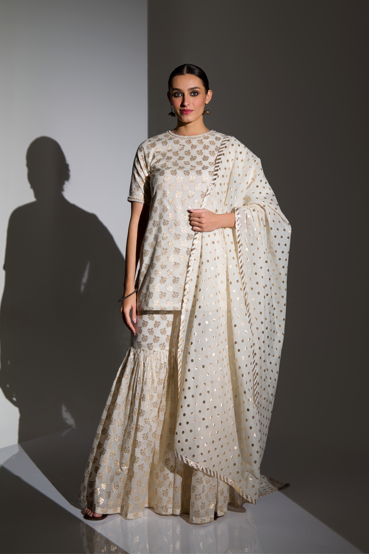 Ivory And Gold Embellished Kurta Sharara Set