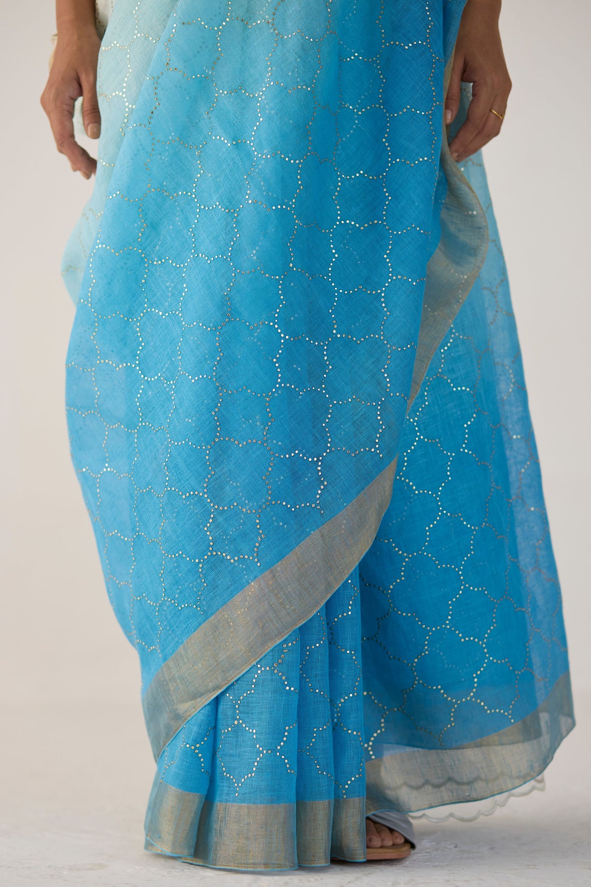 Blue Ombre Sari With Gold Dot Print