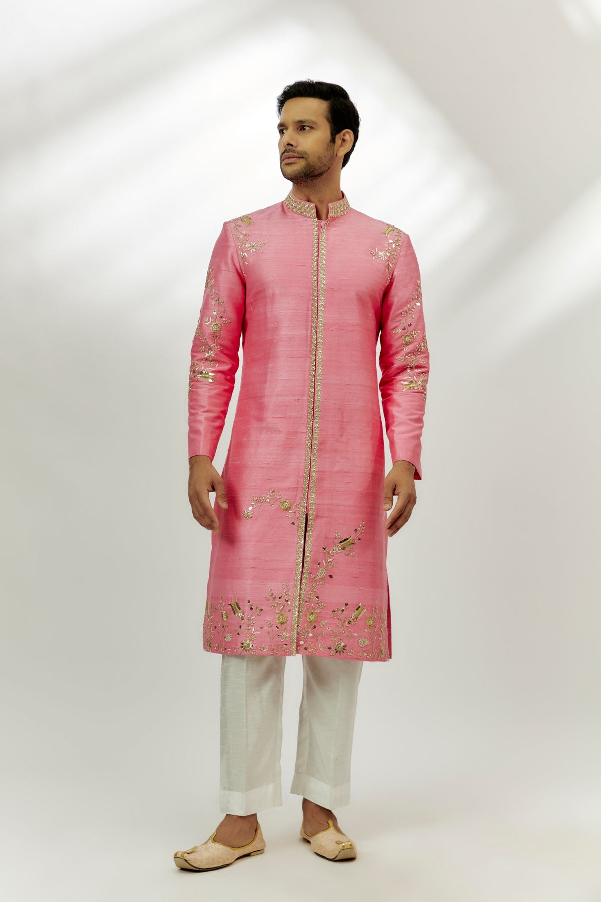 Pastel Pink Raw Silk Embroidered Sherwani Set