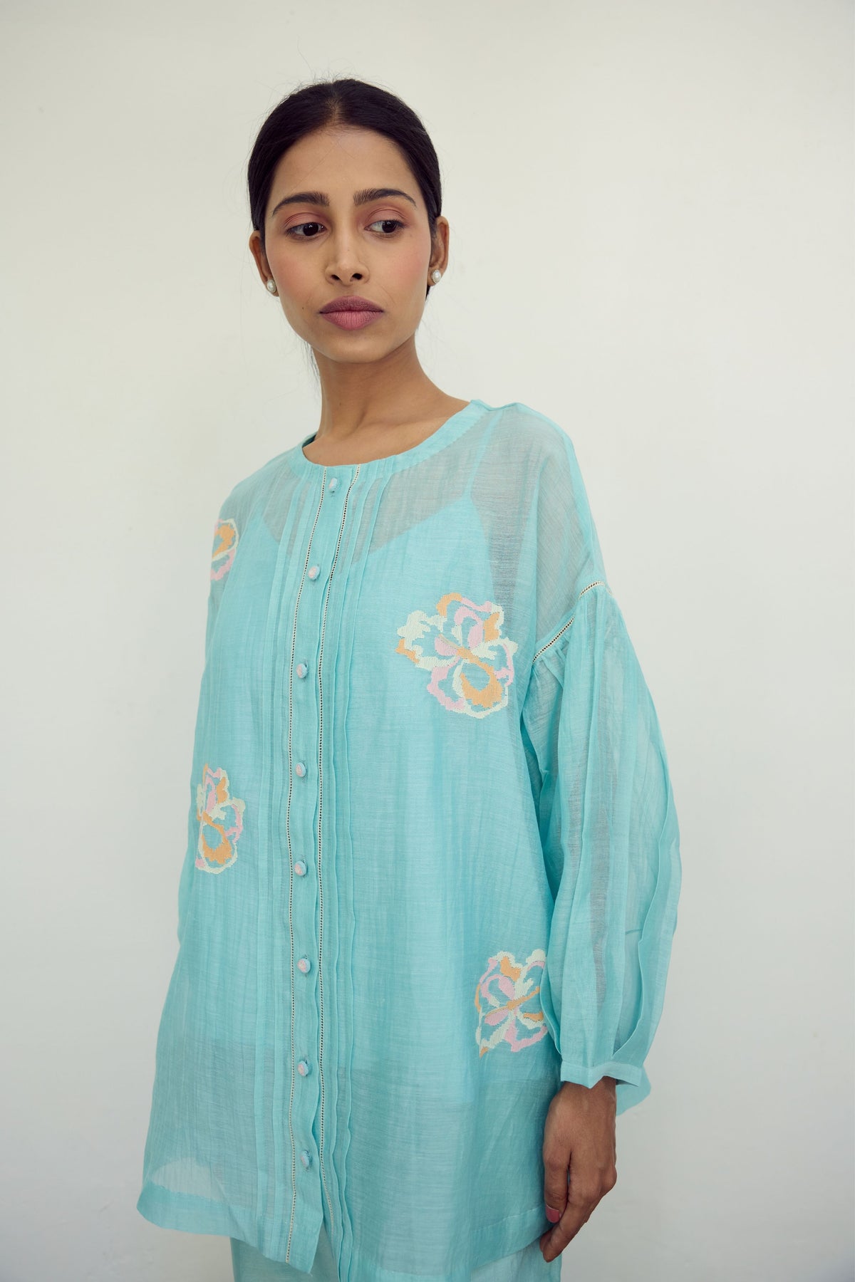 Hand Embroidered Turquoise Chanderi Top