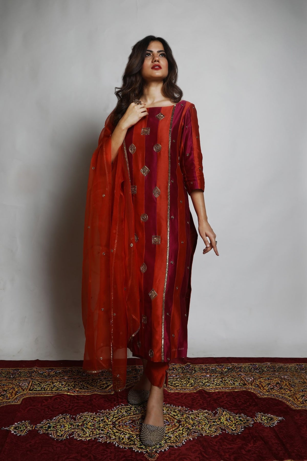 Rust &amp; Magenta Embroidered Kurta Set