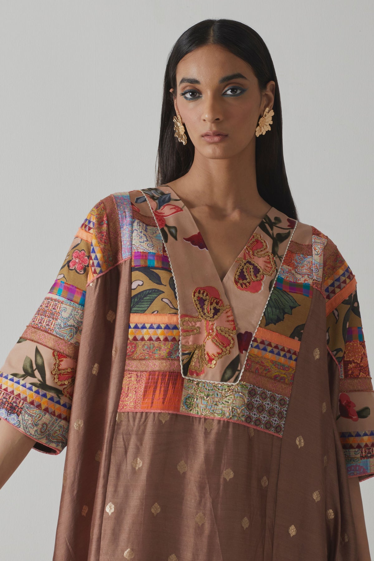 Brown Silk Patchwork Kaftan