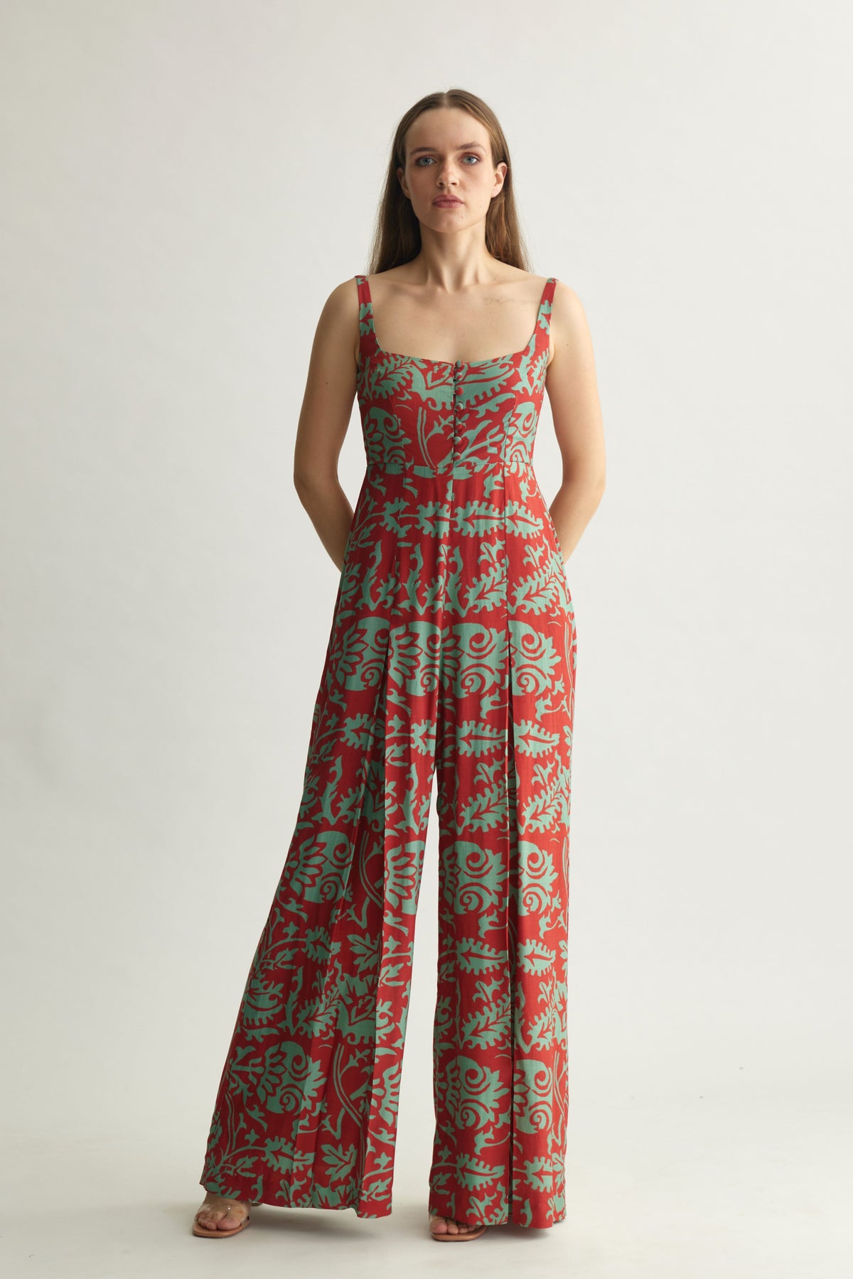 Red Floral Sleeveless Jumpsuit