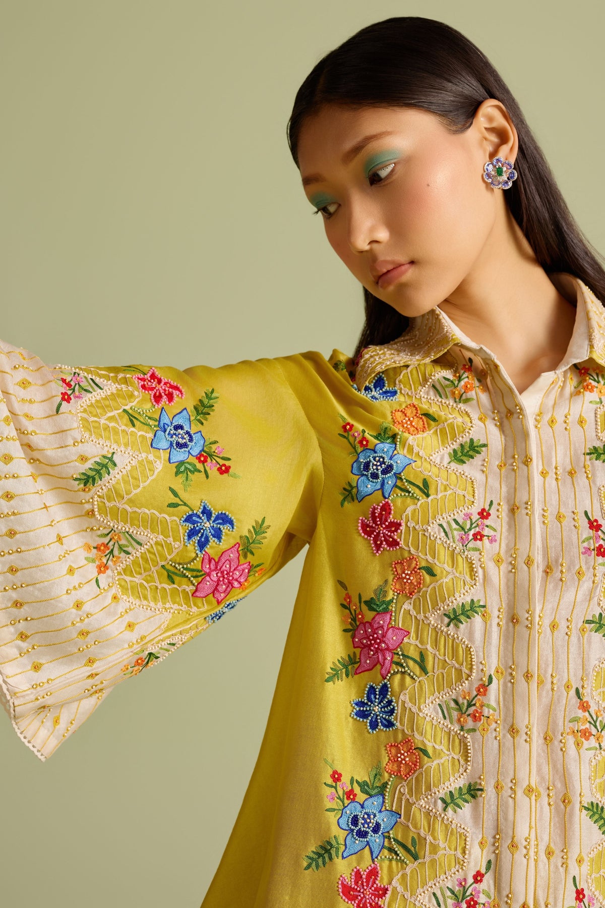 Yellow Floral Embroidered Color Block Shirt