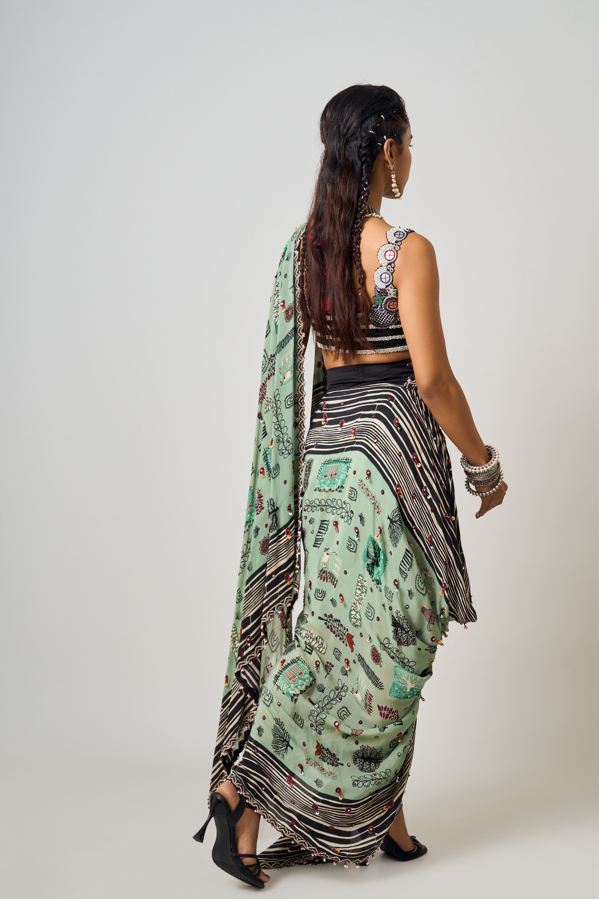 Mint Embroidered Drape Saree Set