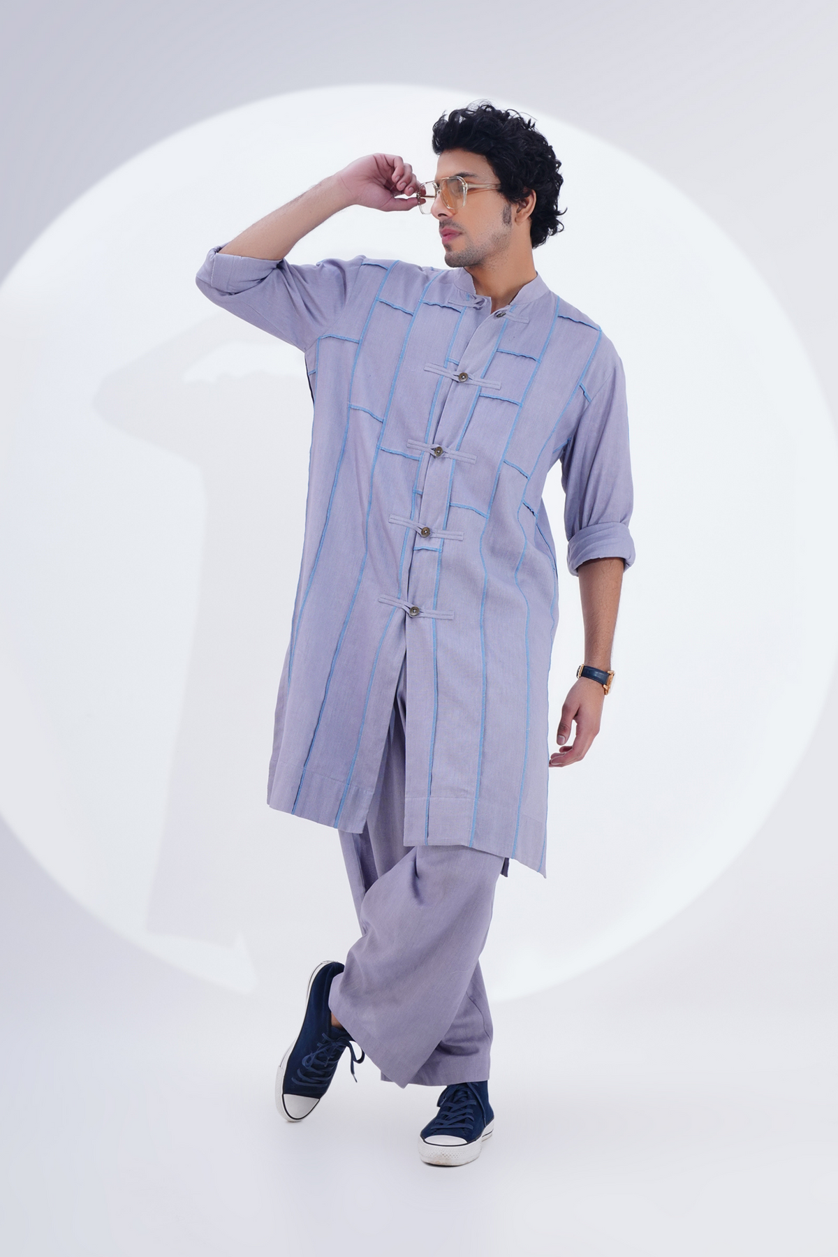 Grey Overlock Panel Detailing Kurta Set