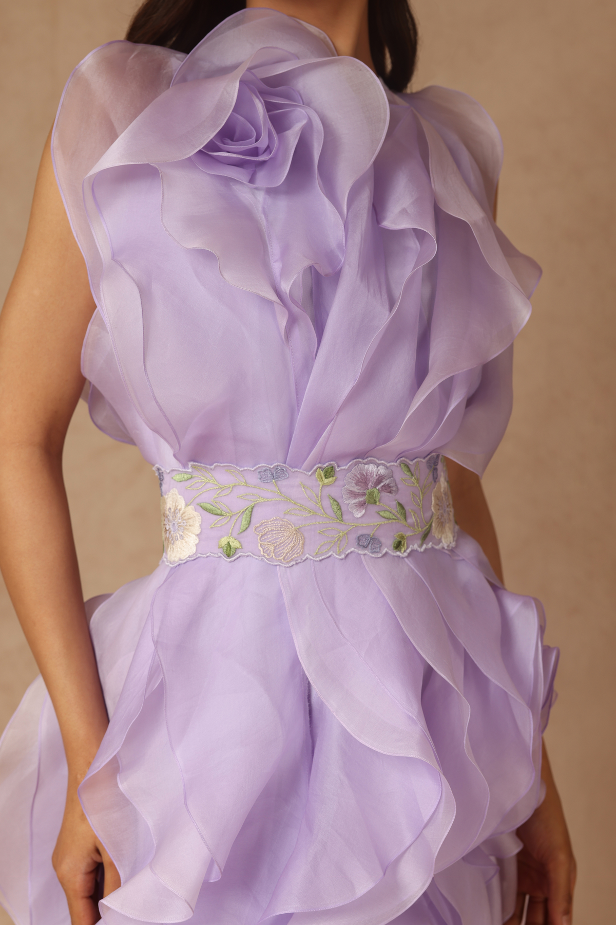 Rosette Ruffle Dress With Belt