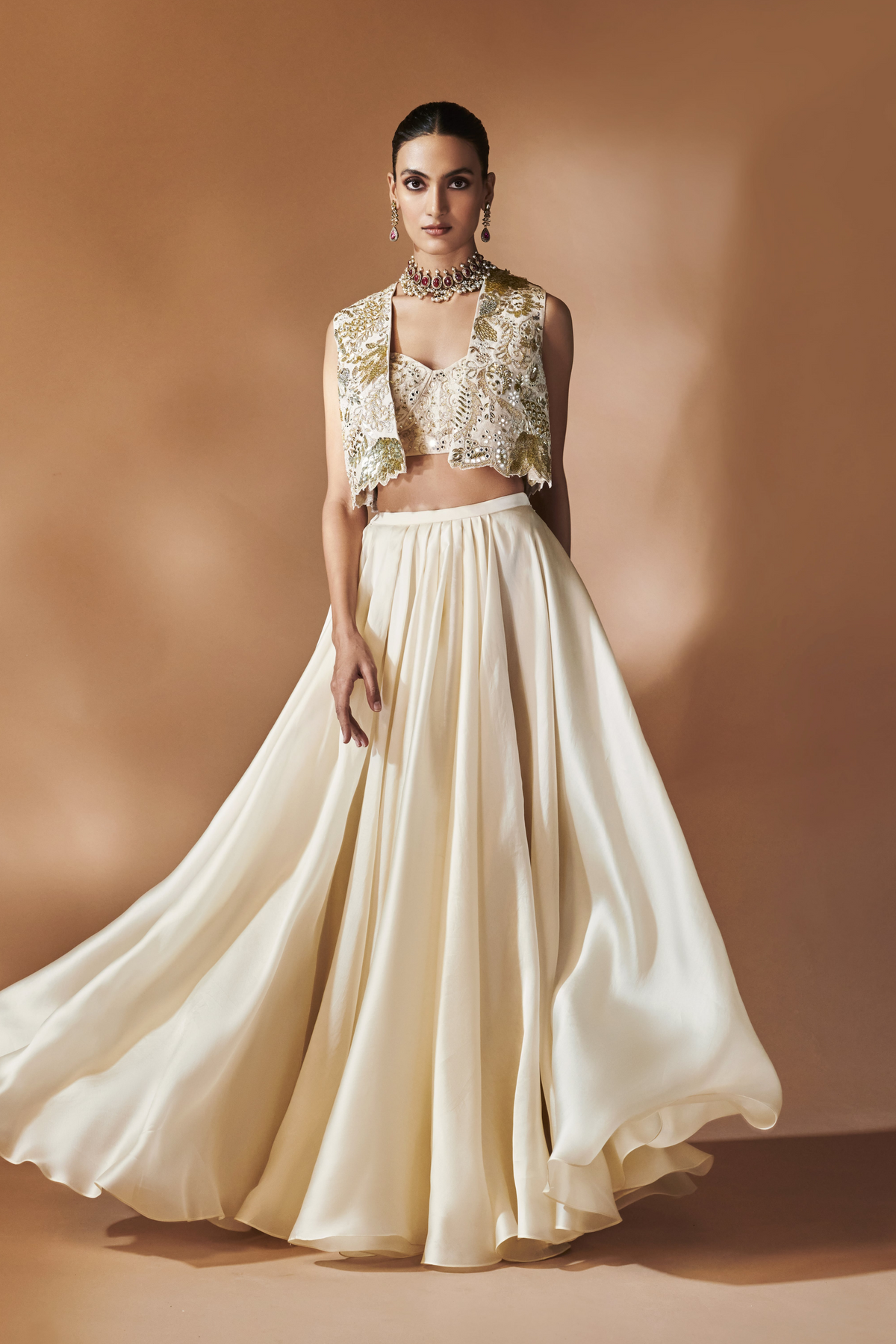 Ivory Organza Skirt With An Embroidered Blouse And Jacket