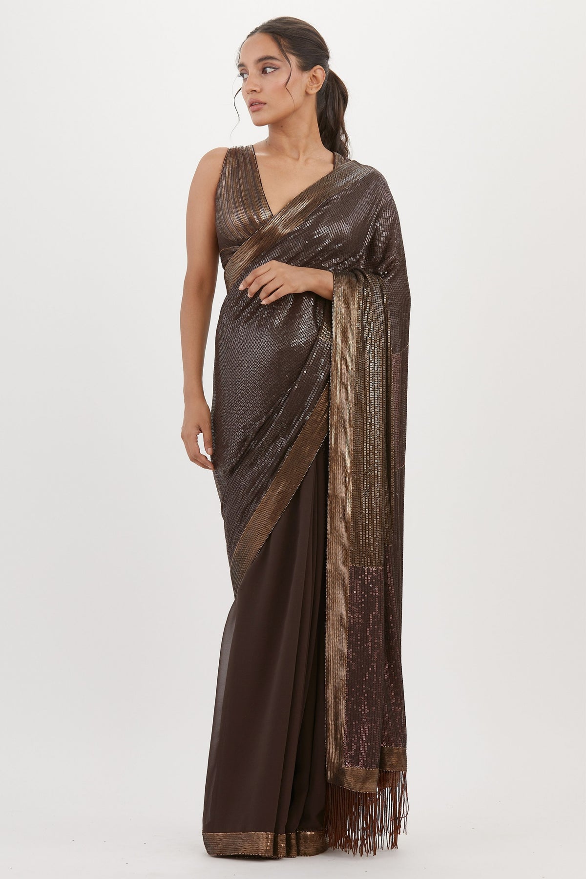 Coffee Sequin Saree Set