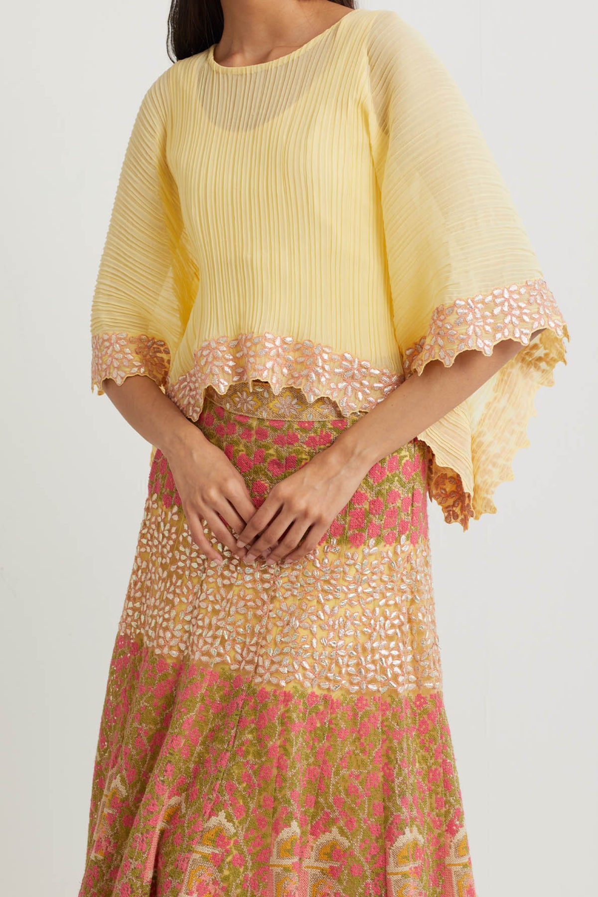 Yellow Cross Embroidered Cape Set