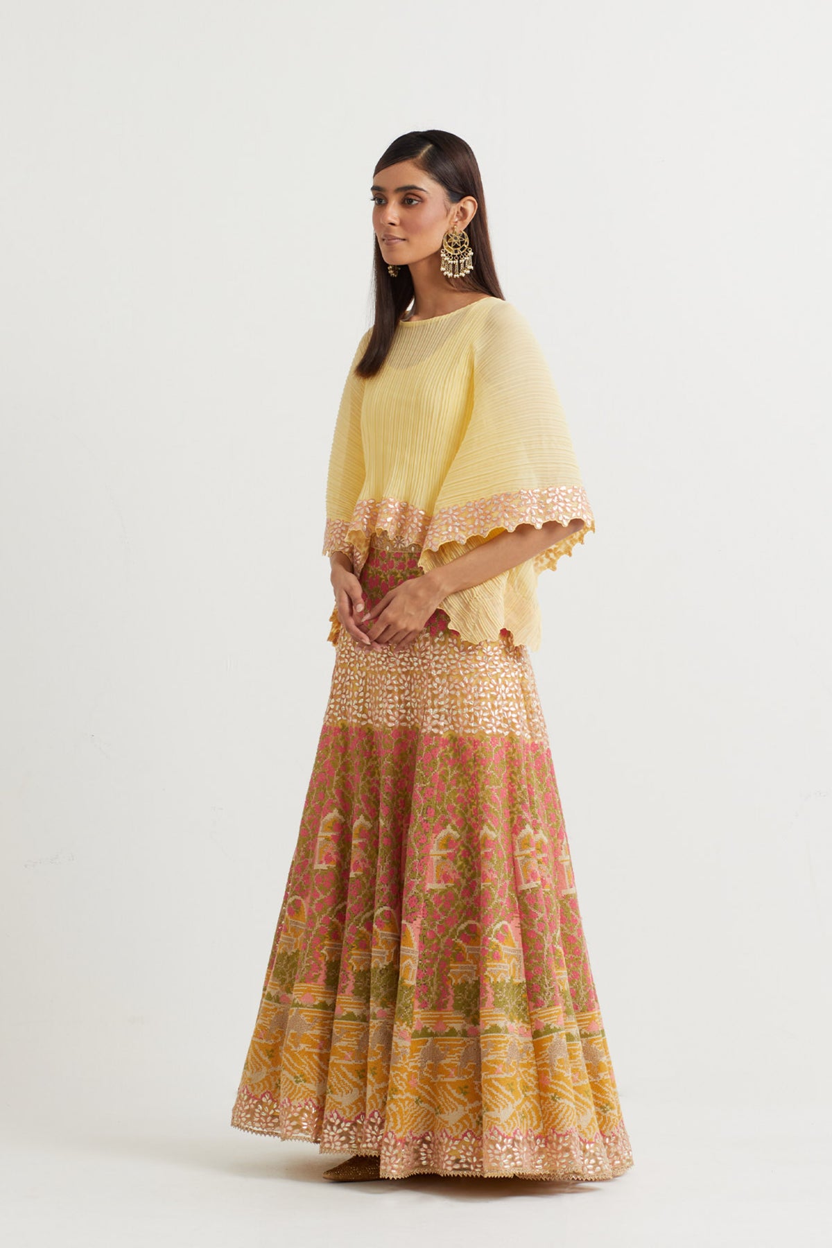 Yellow Cross Embroidered Cape Set