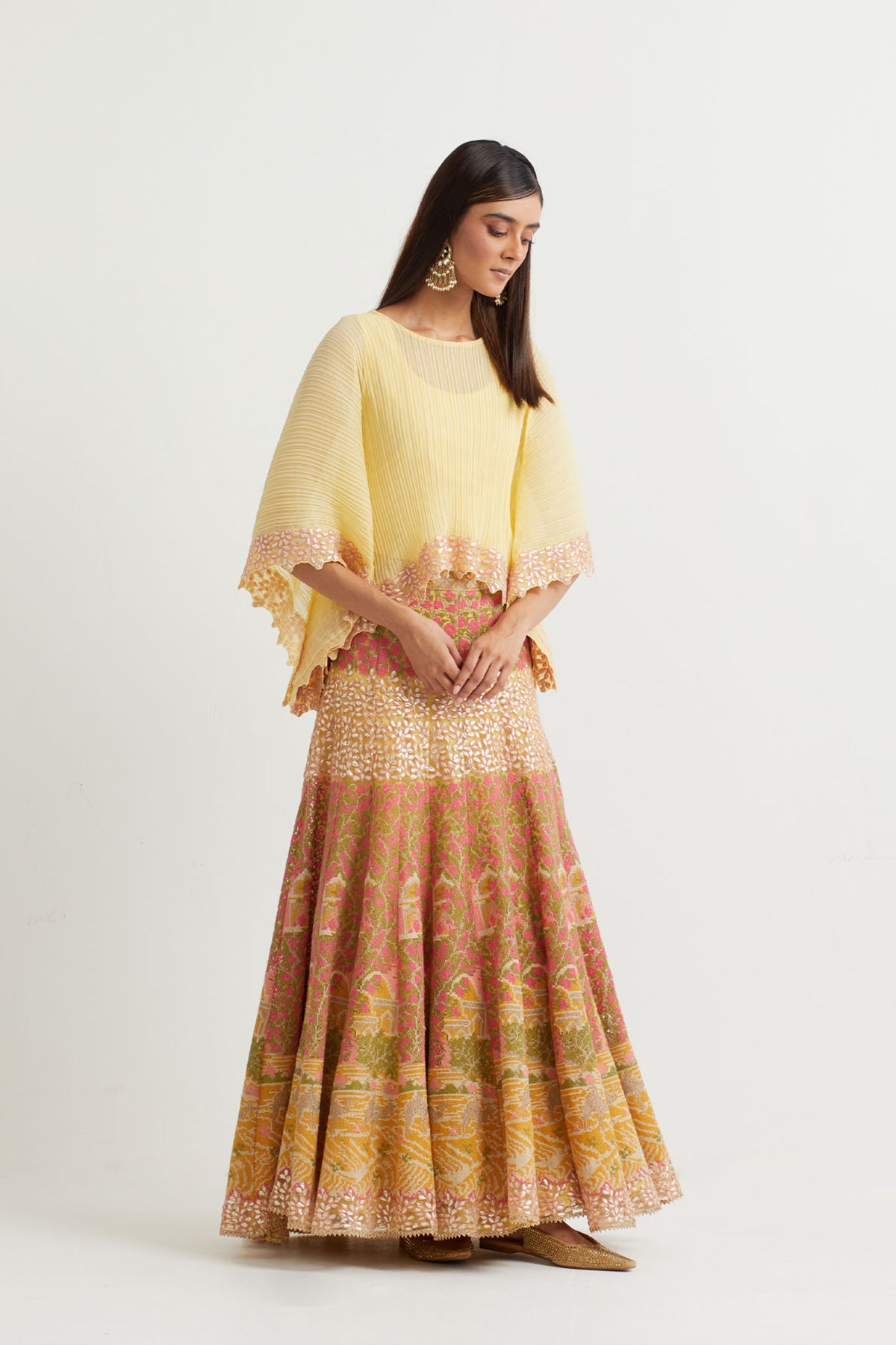 Yellow Cross Embroidered Cape Set