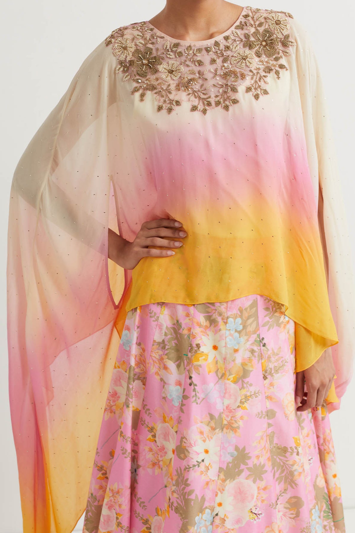 Printed Pink Embroidered Cape Set