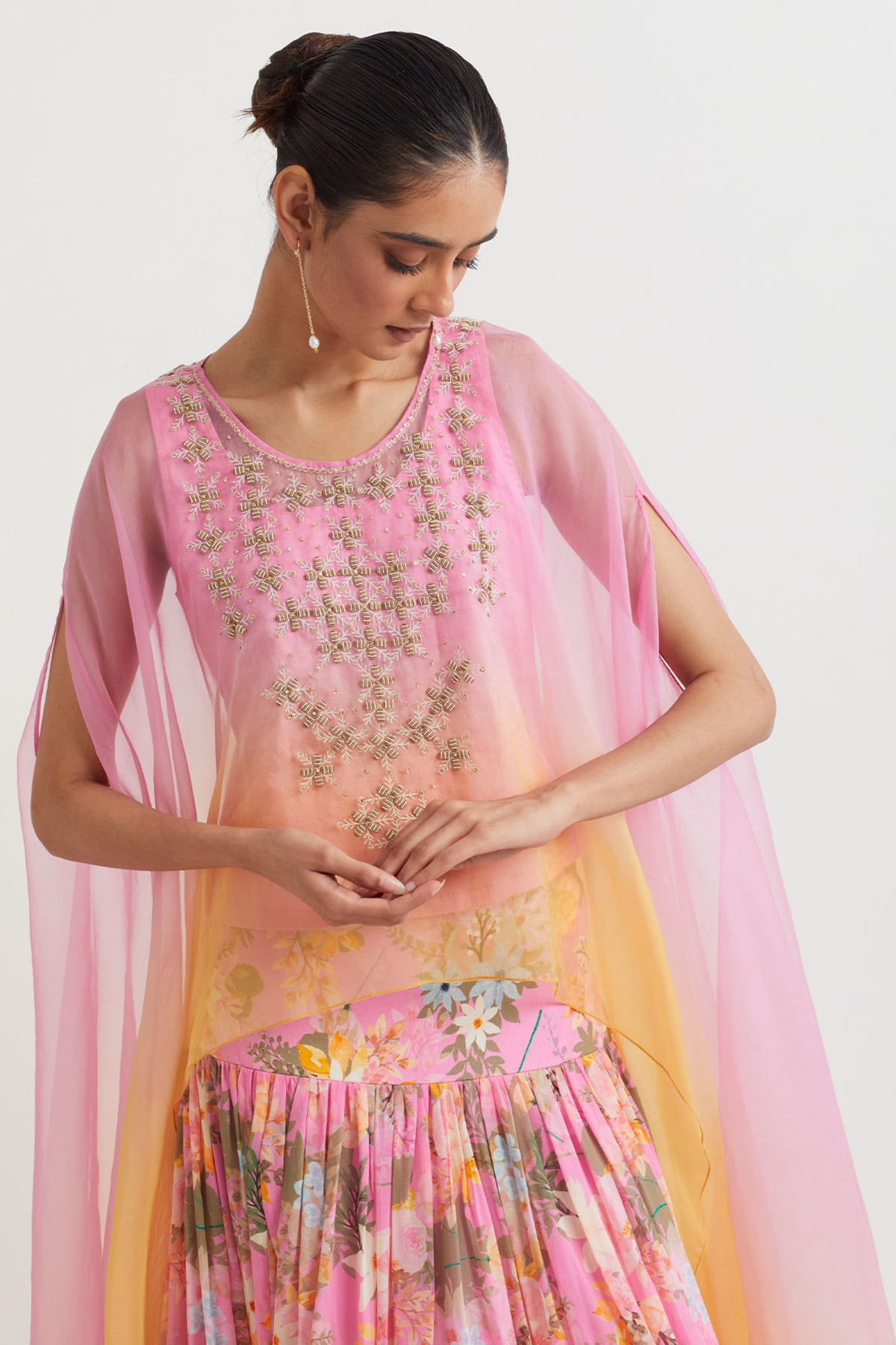 Embroidered Pink Cape Set
