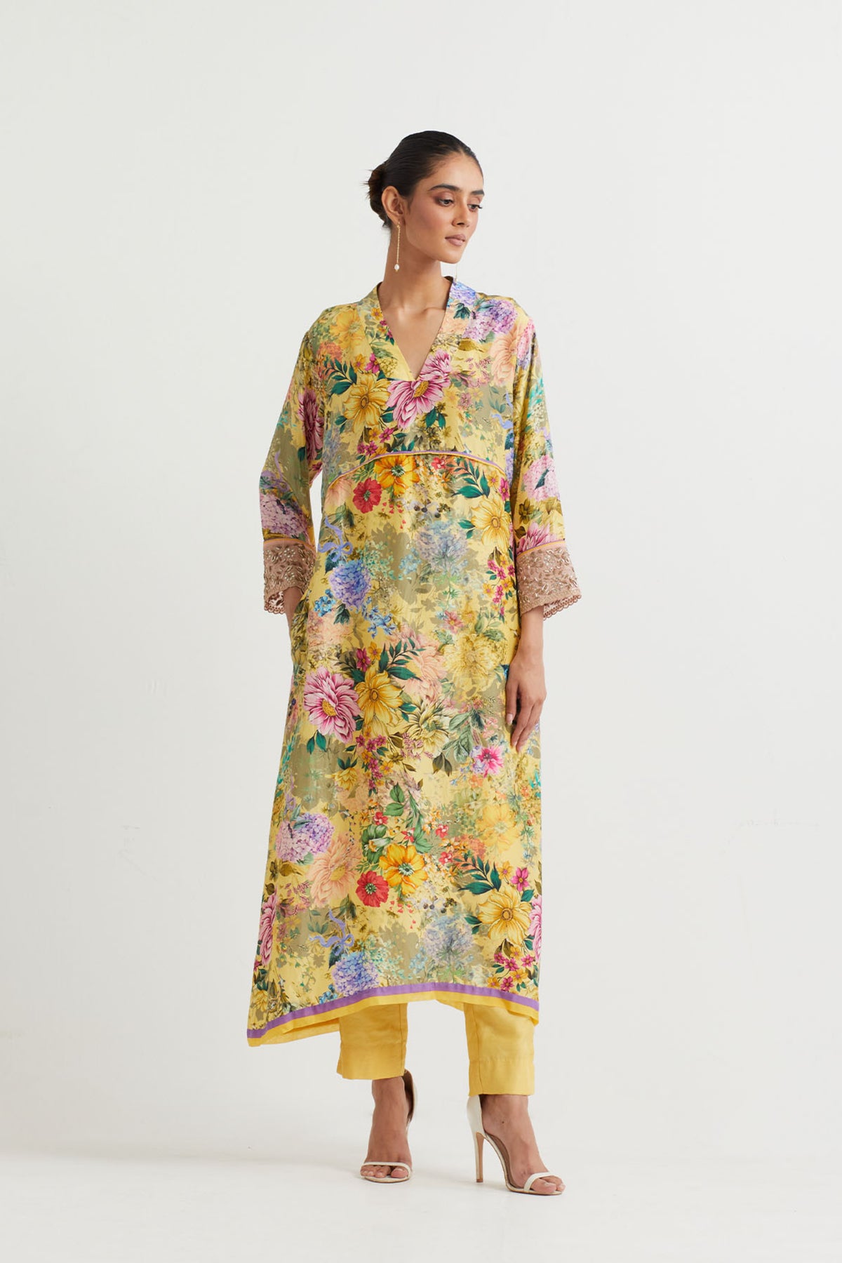 Printed Yellow Embroidered Tunic Set