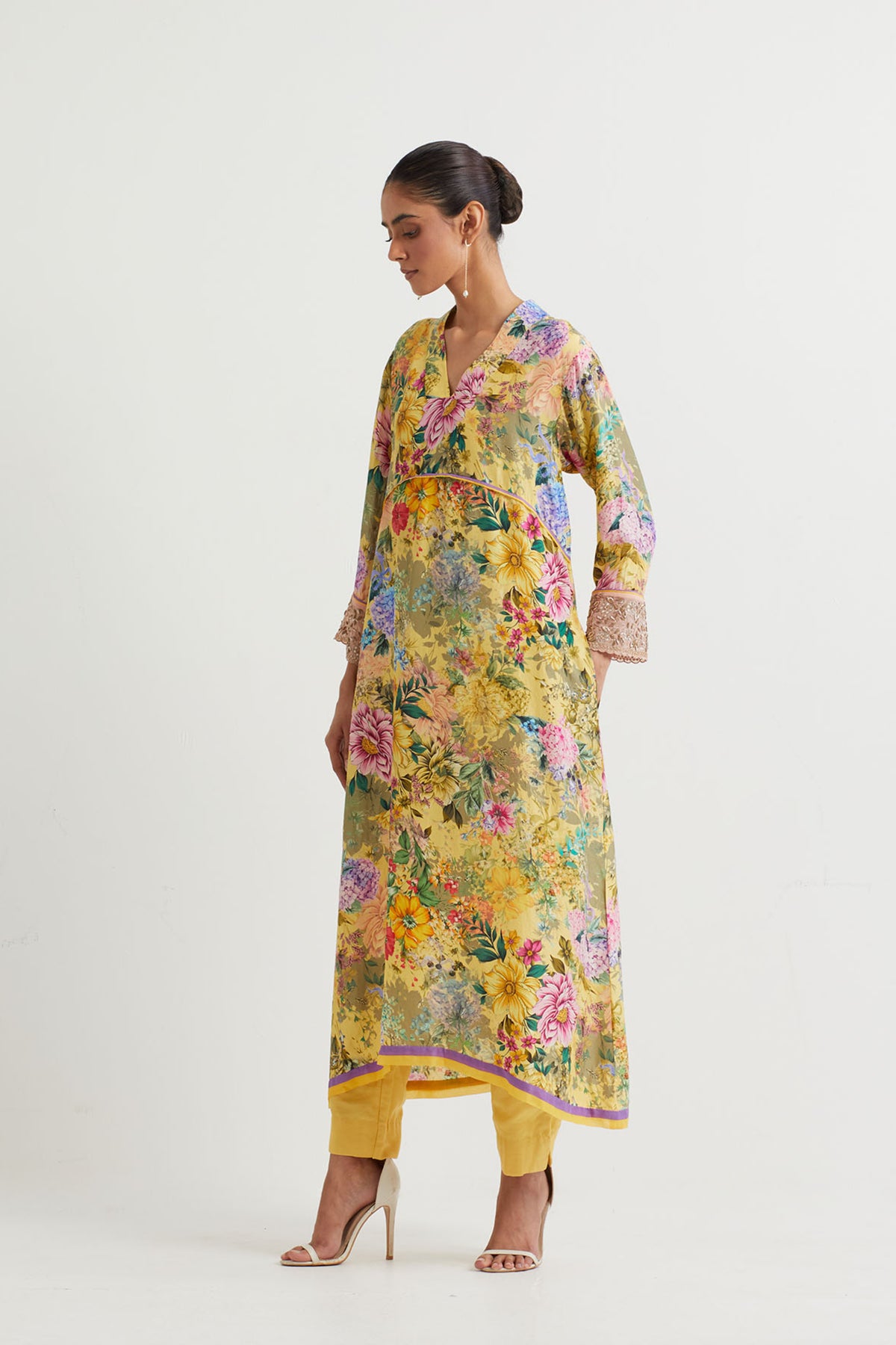 Printed Yellow Embroidered Tunic Set