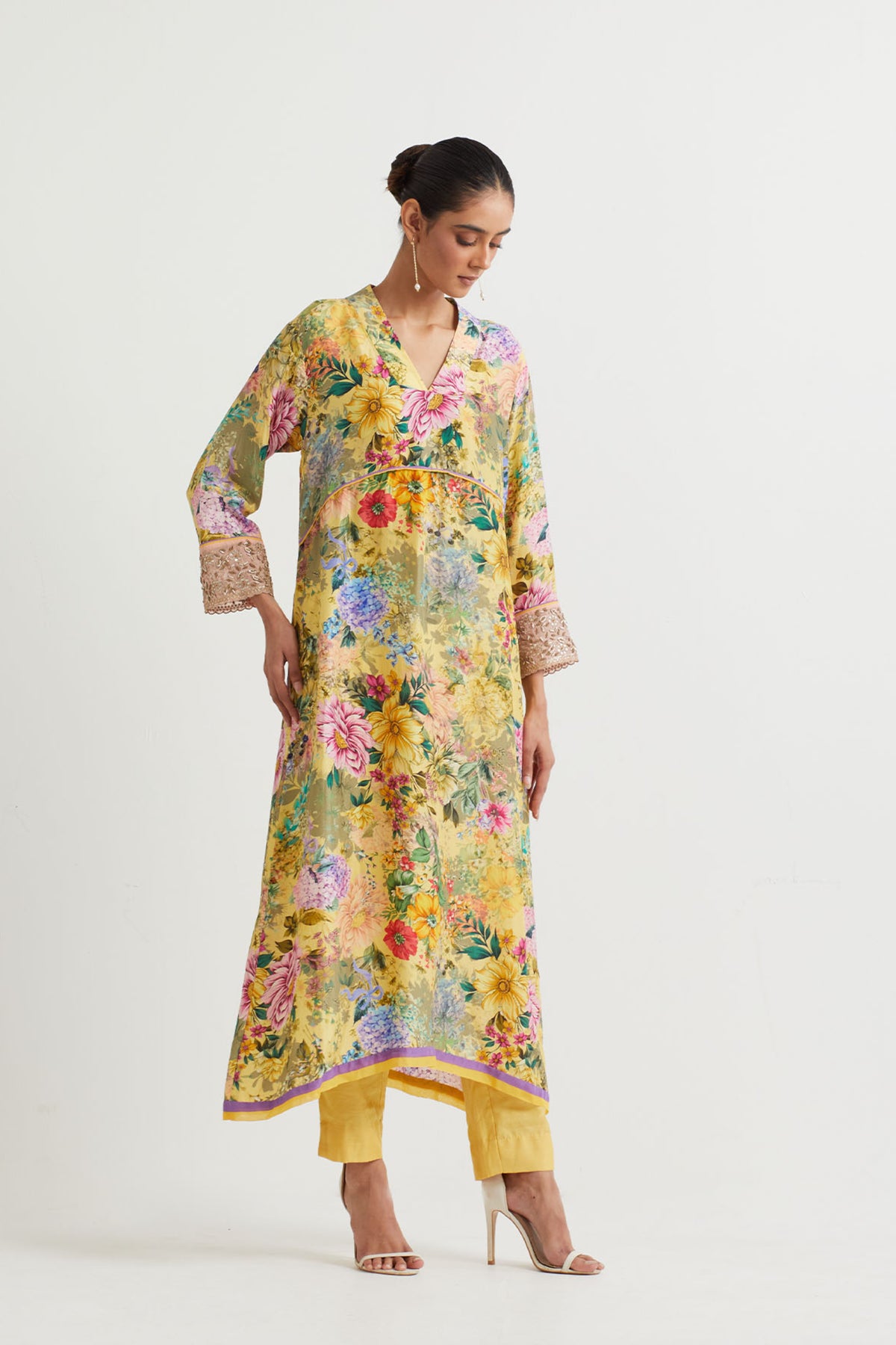 Printed Yellow Embroidered Tunic Set