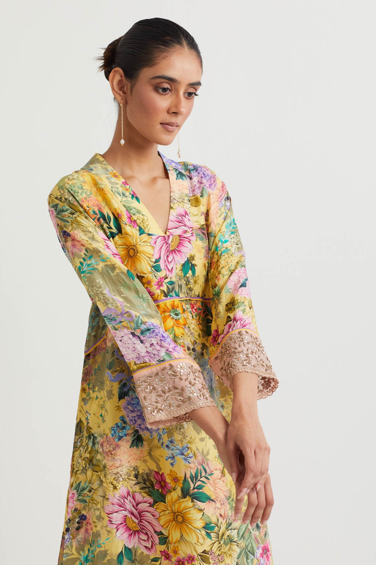 Printed Yellow Embroidered Tunic Set