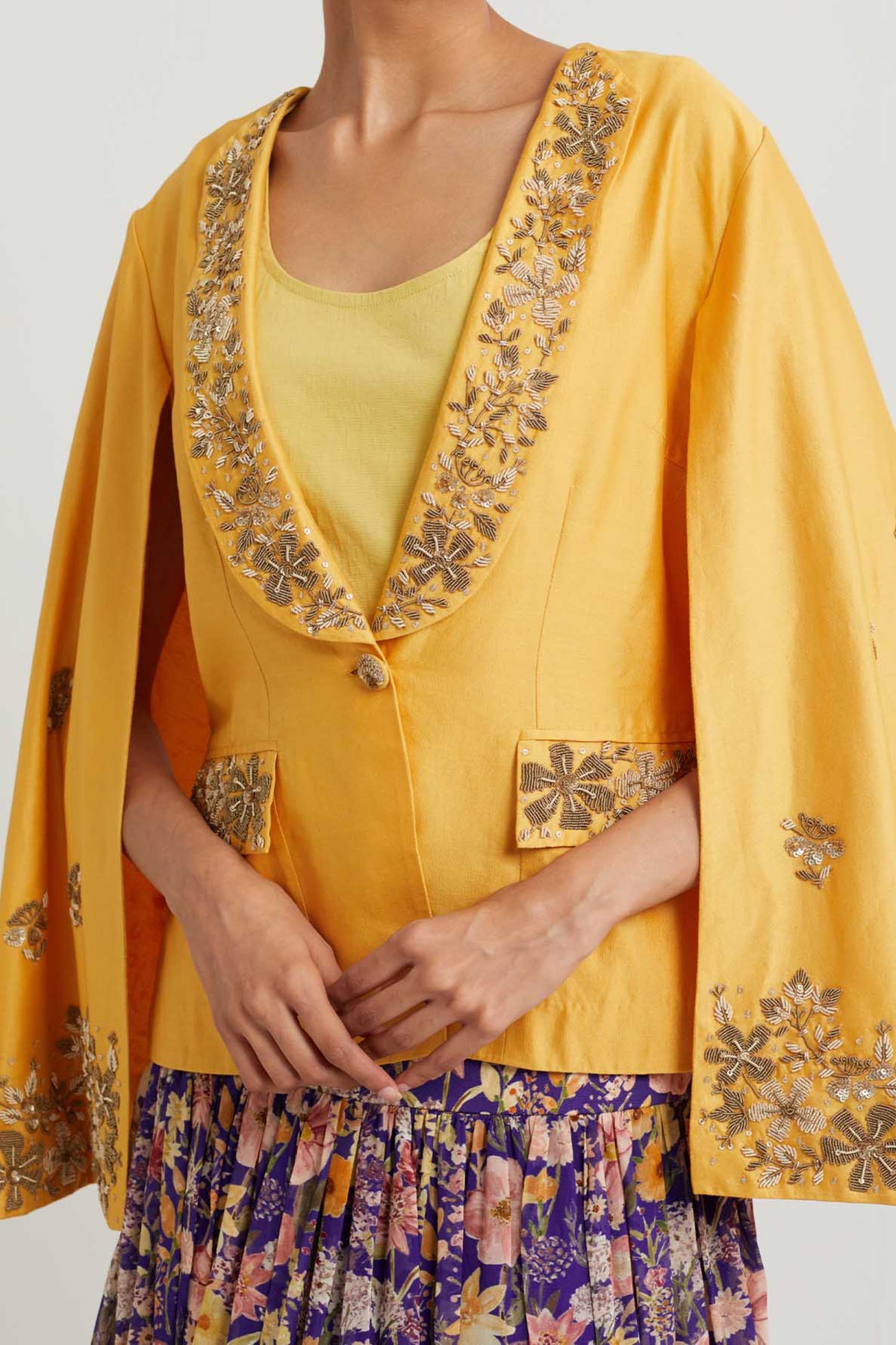 Yellow Embroidered Jacket Set