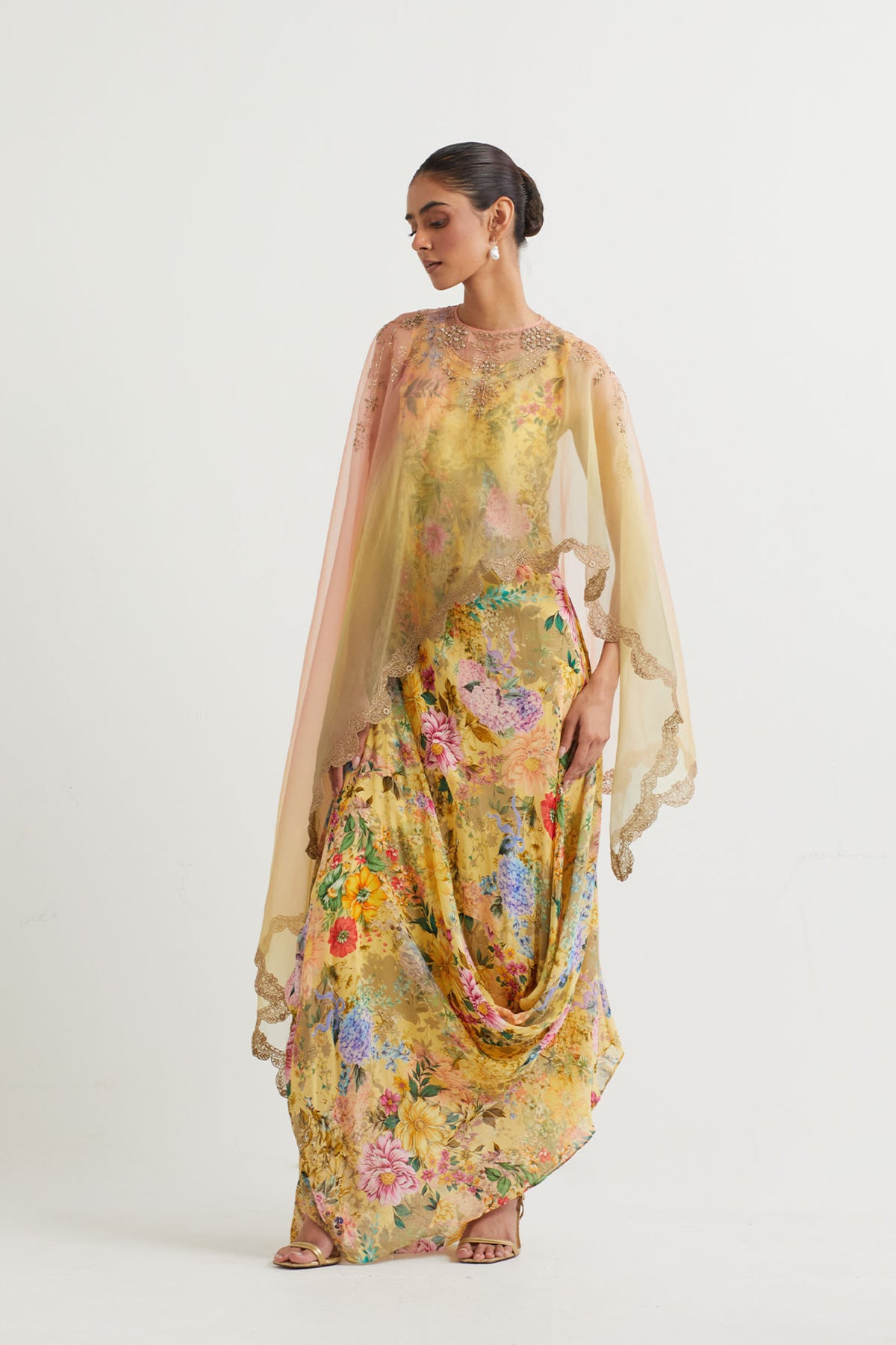 Printed Yellow Cowl Dress