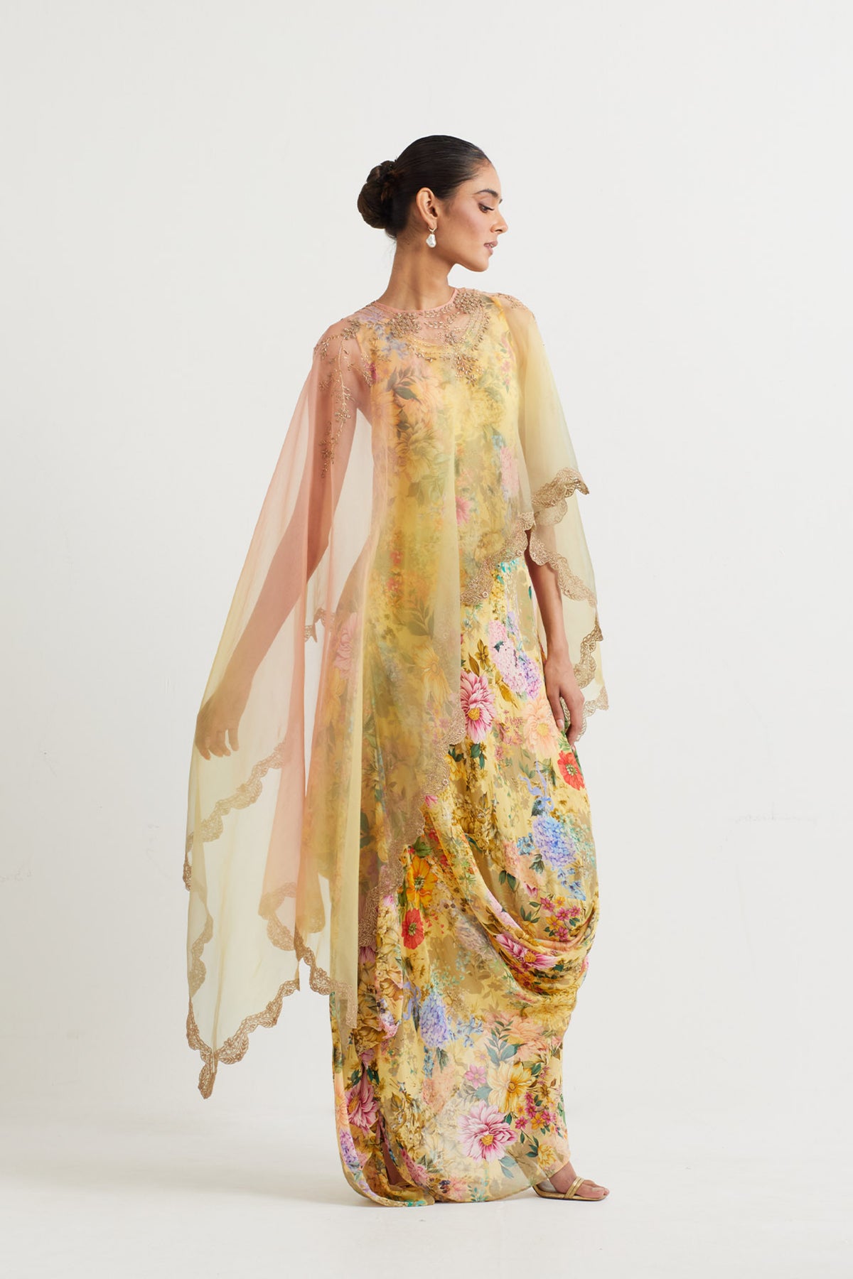 Printed Yellow Cowl Dress