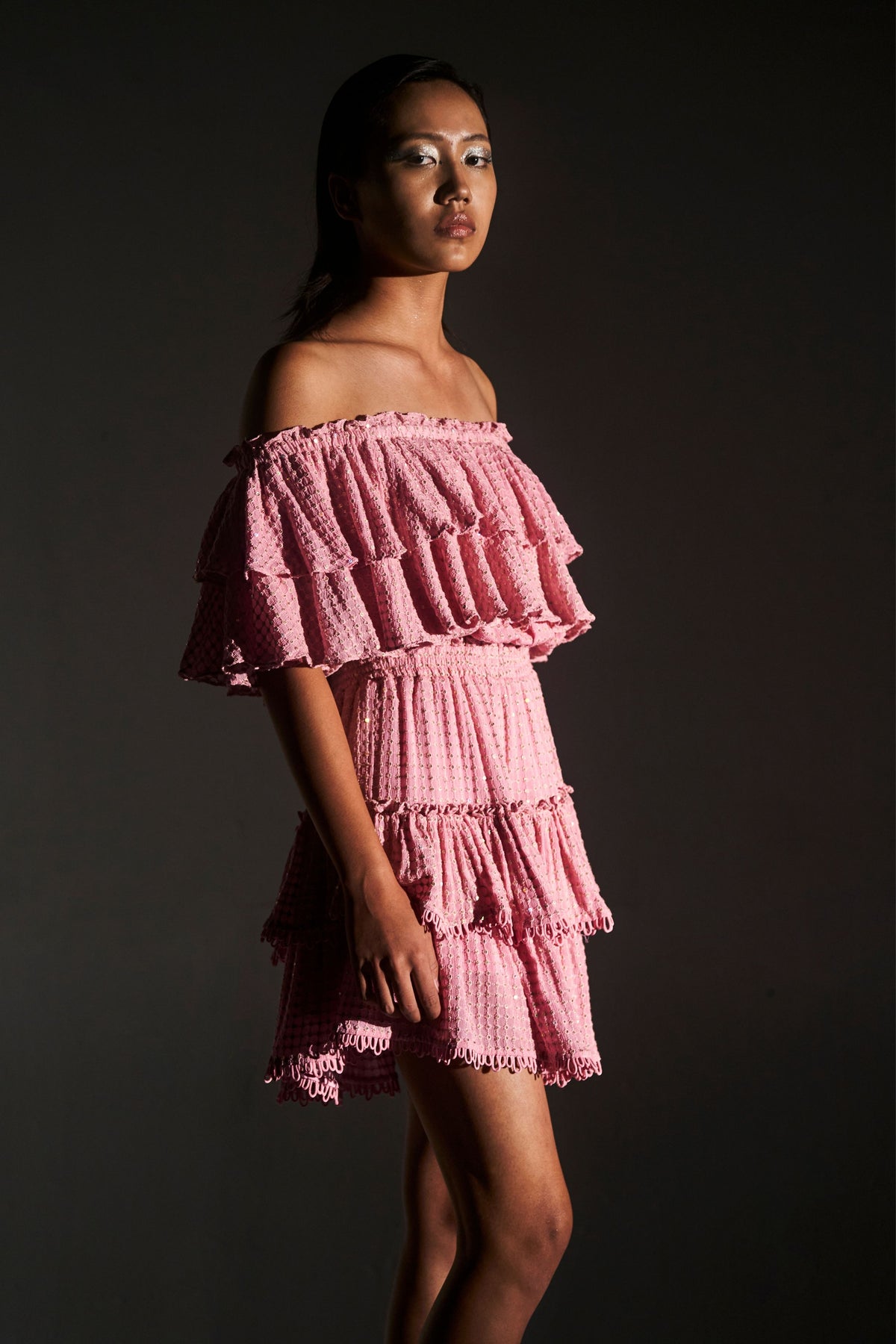 Pink Off-shoulder Sequin Ruffle Dress