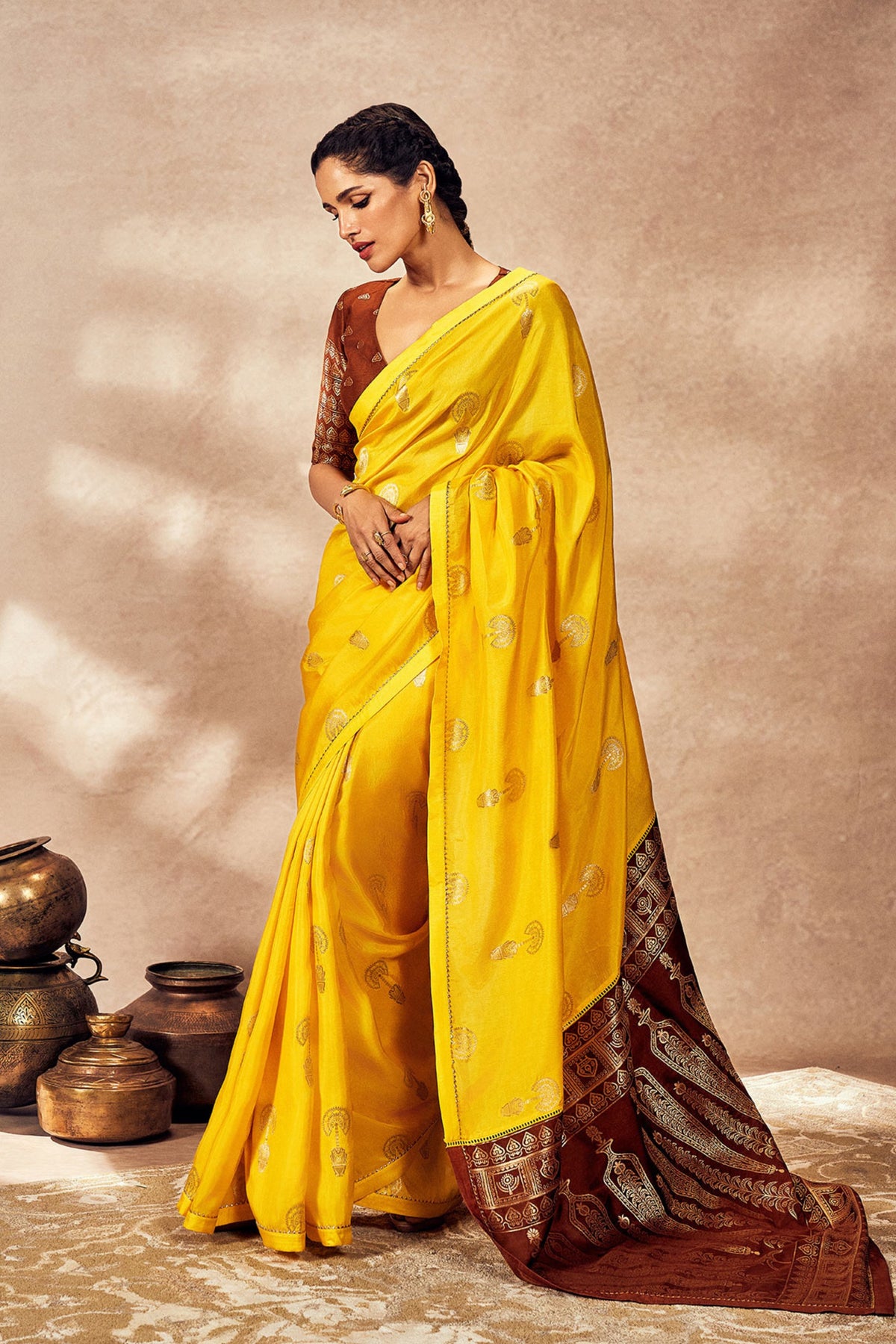 Brown and Yellow Jacquard Saree