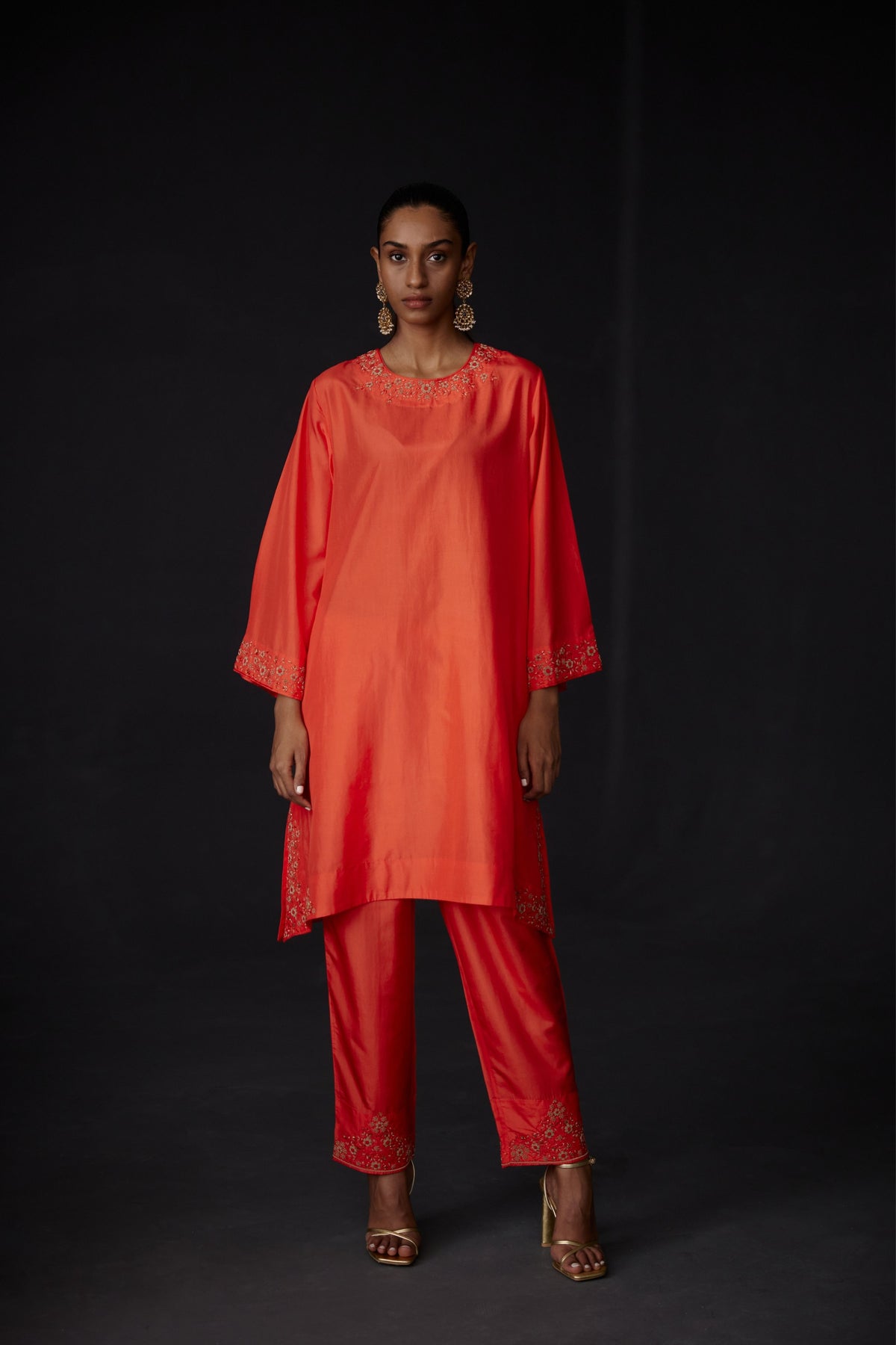 Embroidered Tunic &amp; Trouser Set in Scarlet Red