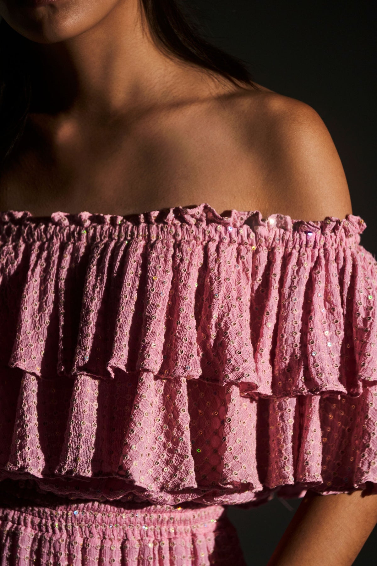 Pink Off-shoulder Sequin Ruffle Dress